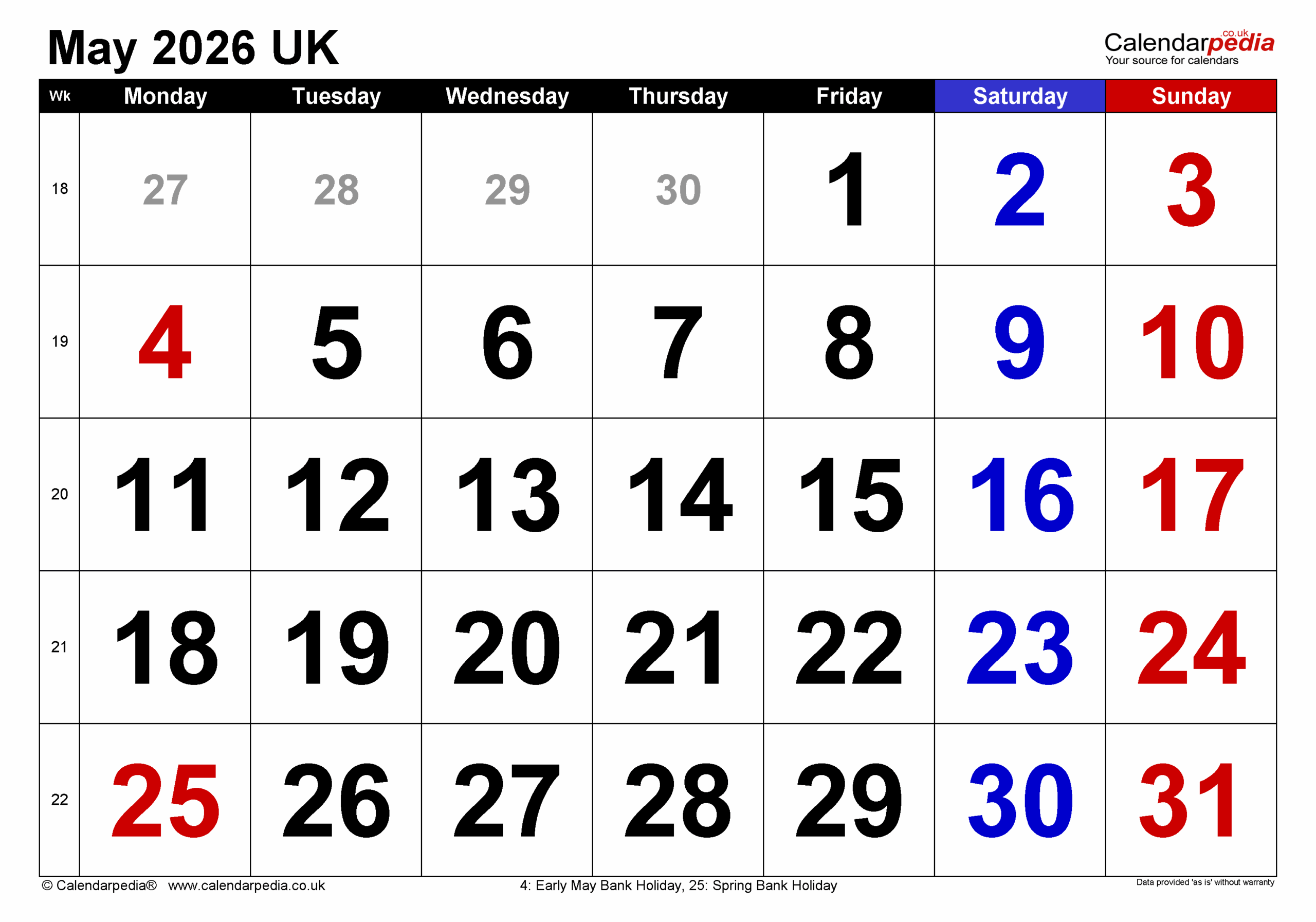 May Calendar 2026 Printable
