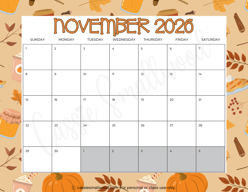 Downloadable Printable November 2026 Calendar