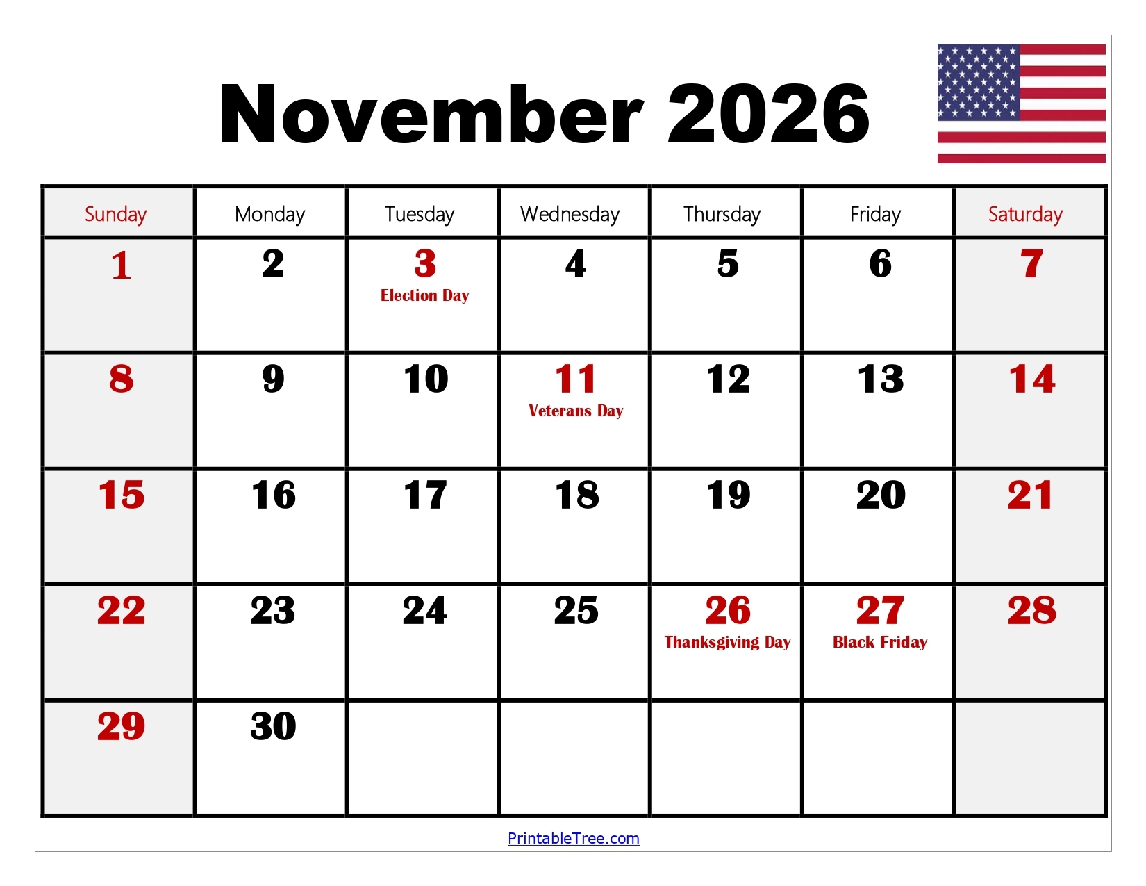 Calendar November 2026 Thanksgiving Printable