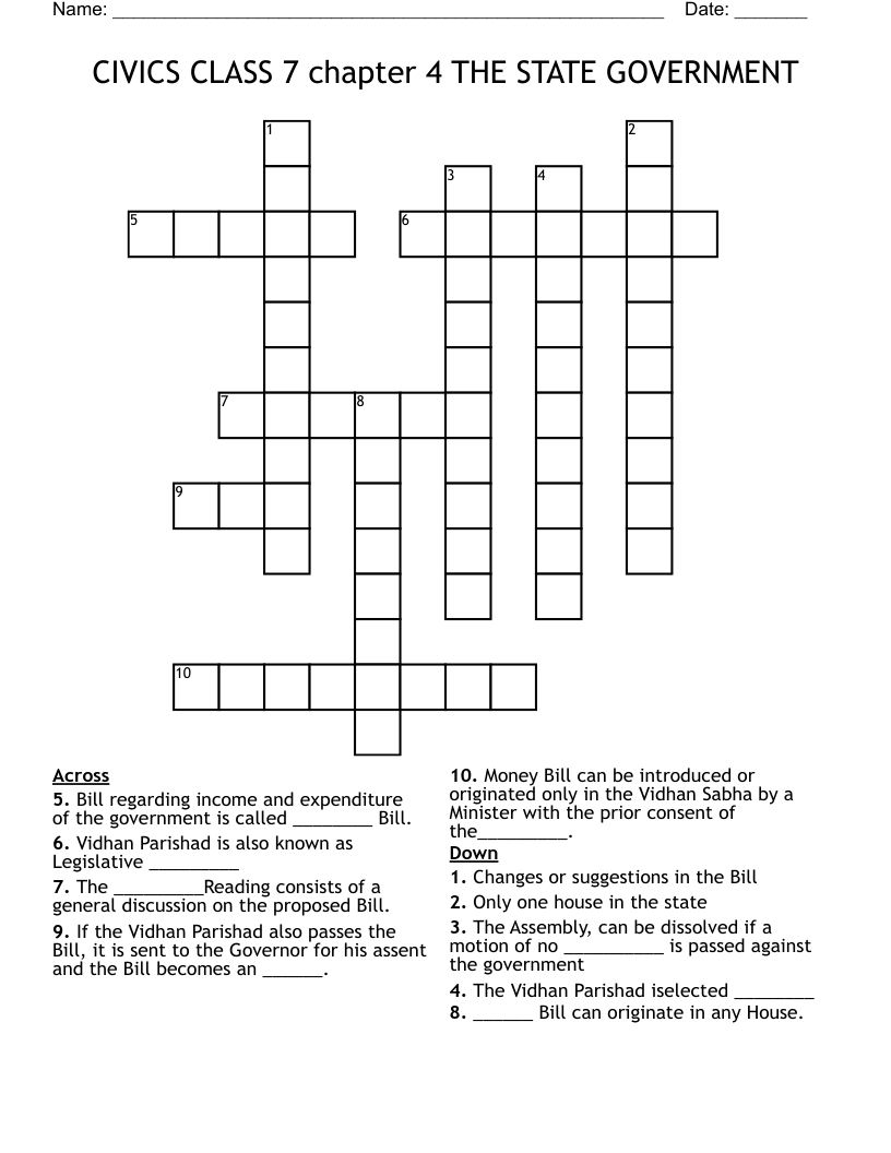 CIVICS CLASS 7 Chapter 4 THE STATE GOVERNMENT Crossword WordMint