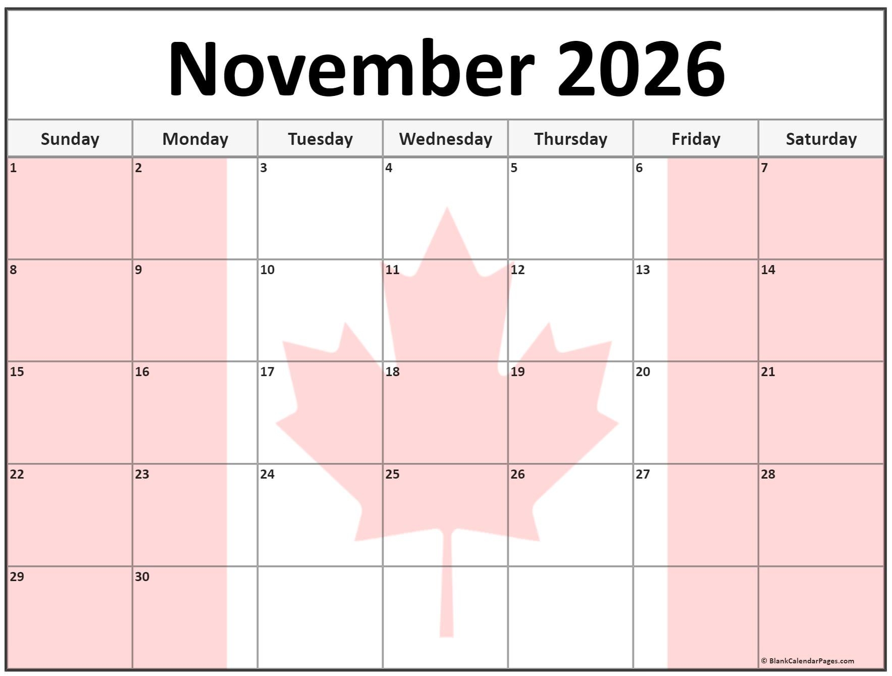 Printable November 2026 Calendar Canada