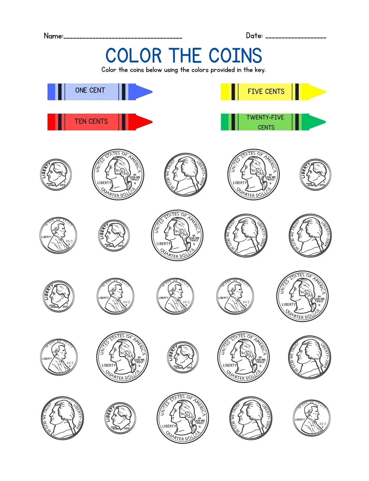 Color The Coins Worksheets Etsy Israel