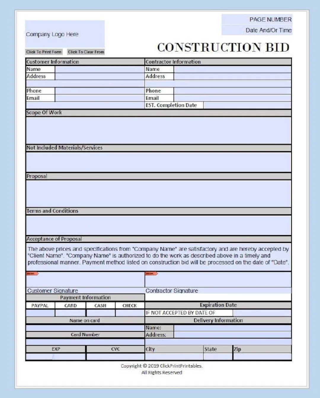 Construction Project Bid Proposal Form Template Simple Minimal 