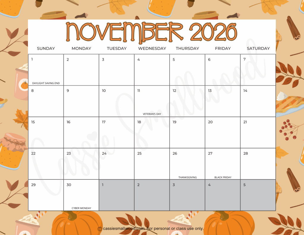 Free Printable November 2026 Calendars