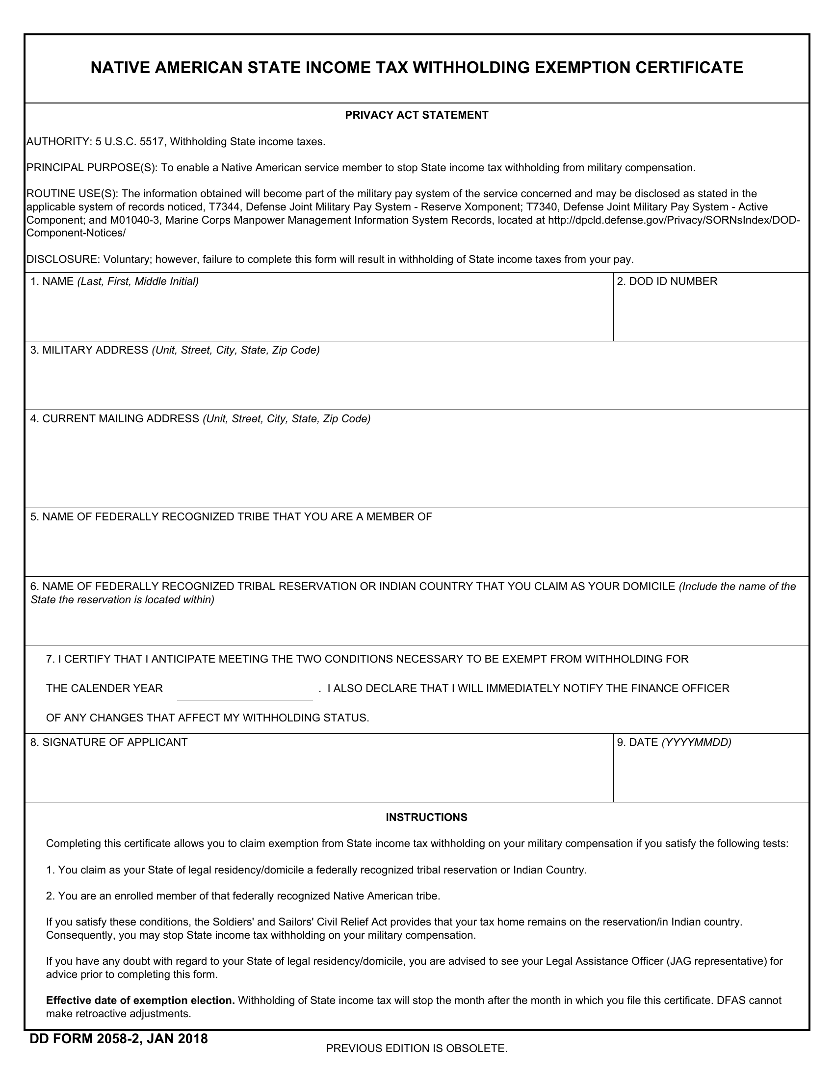 DD Form 2058 2 Native American State Income Tax Withholding 