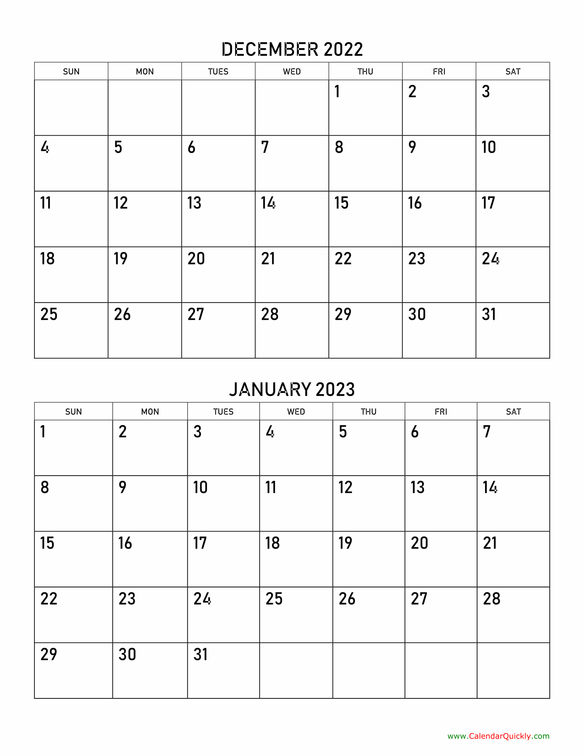 December 2022 And January 2023 Calendar Calendar Quickly