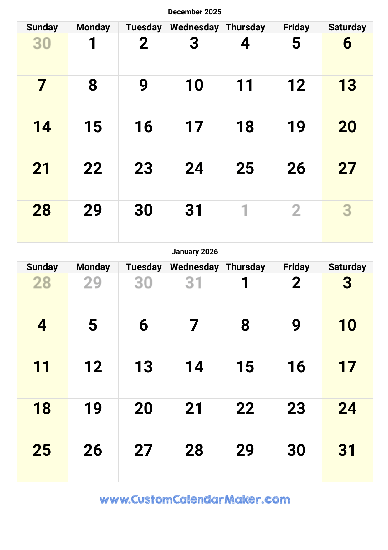 Printable Calendar December 2025 January 2026