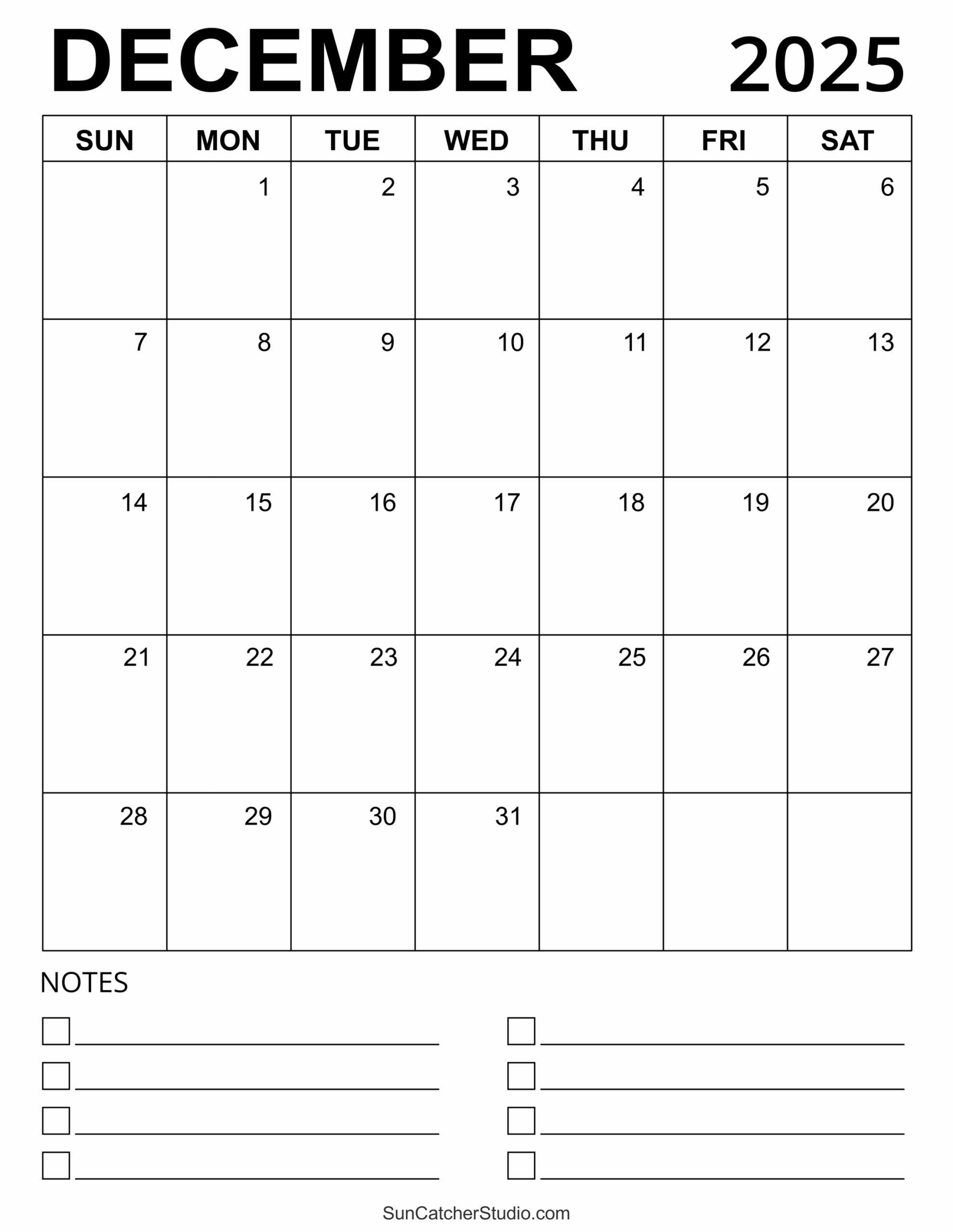 Week December 2025 Calendar Printable