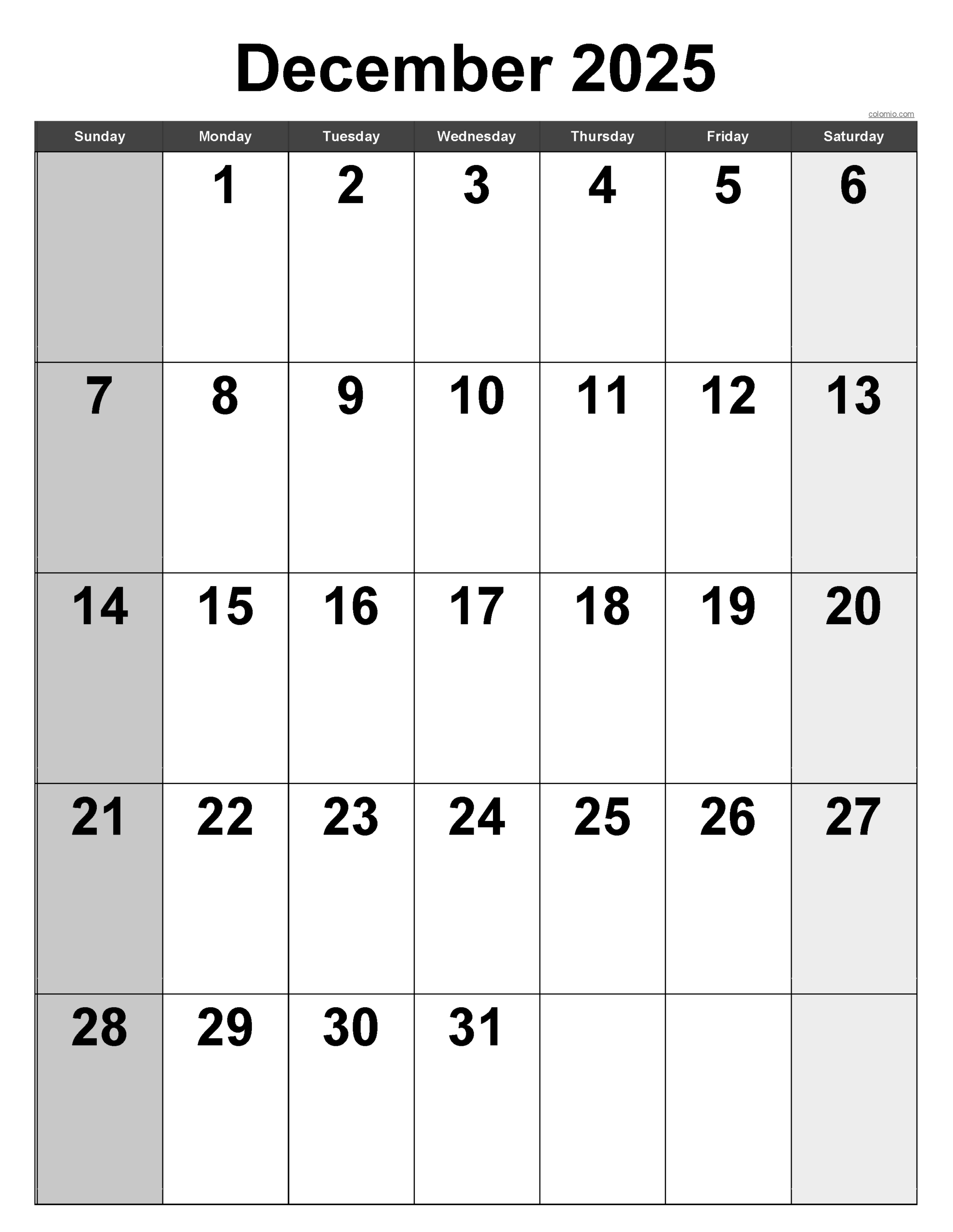 Printable Vertical December And 2025 Calendar