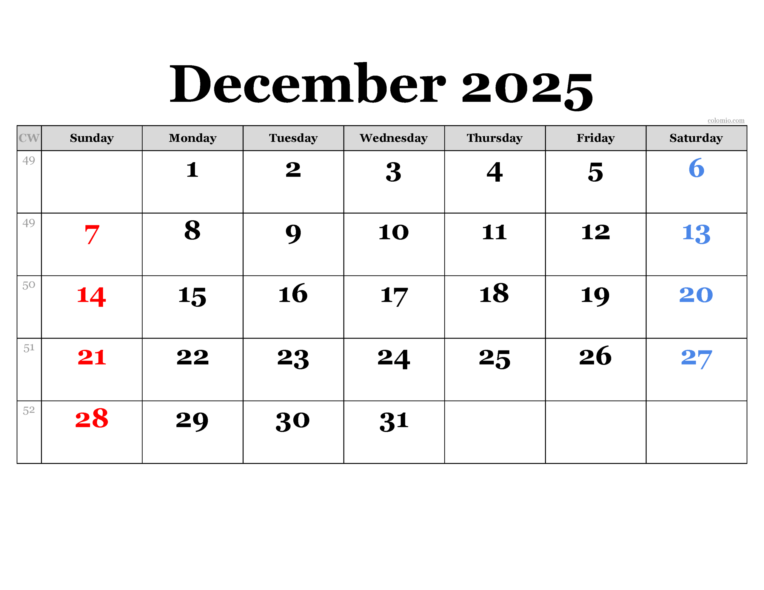 Printable December Calendar 2025 Week