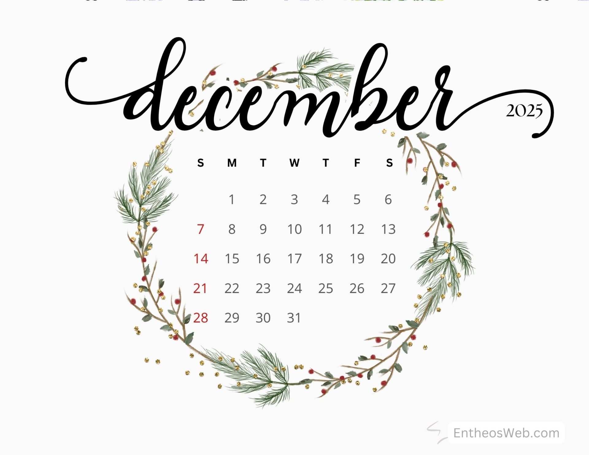 Calligraphy Printable Calendar December 2025