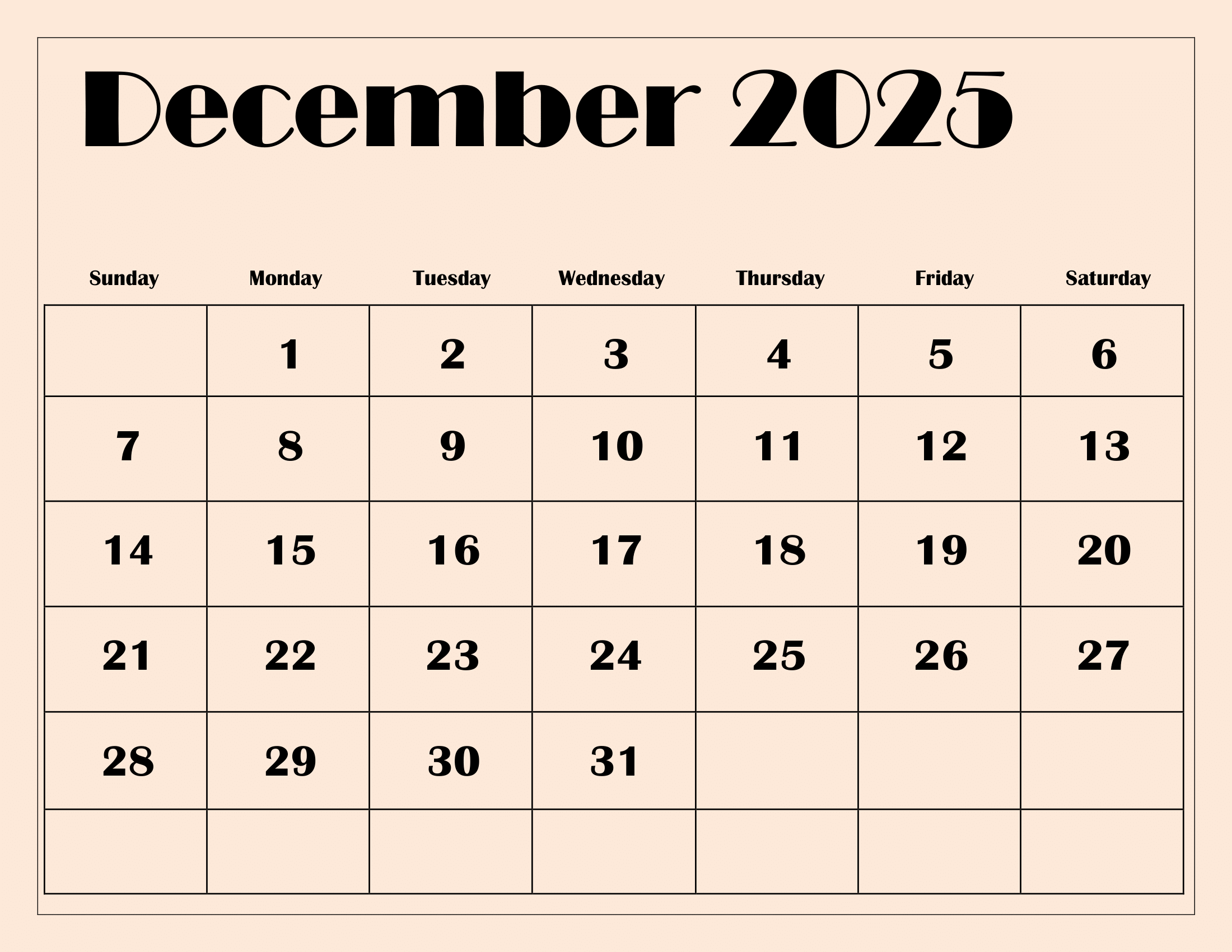 Printable December 2025 Calendar Word