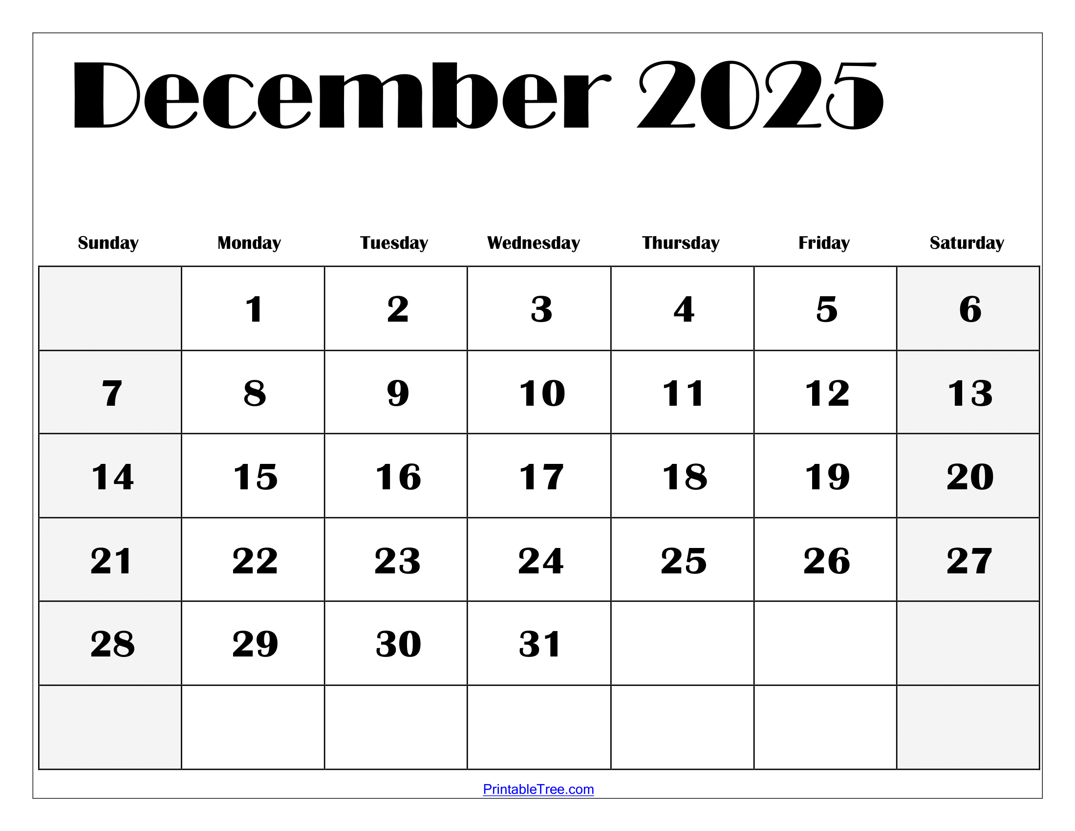 Blank Printable December Calendar 2025