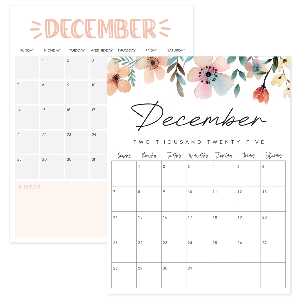 December 2025 Calendar Printable PDF Templates