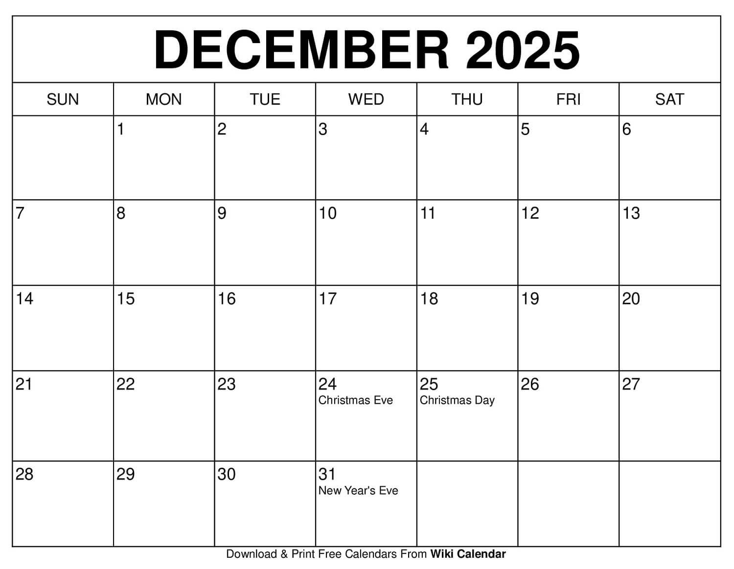 Printable December Christmas Calendar 2025