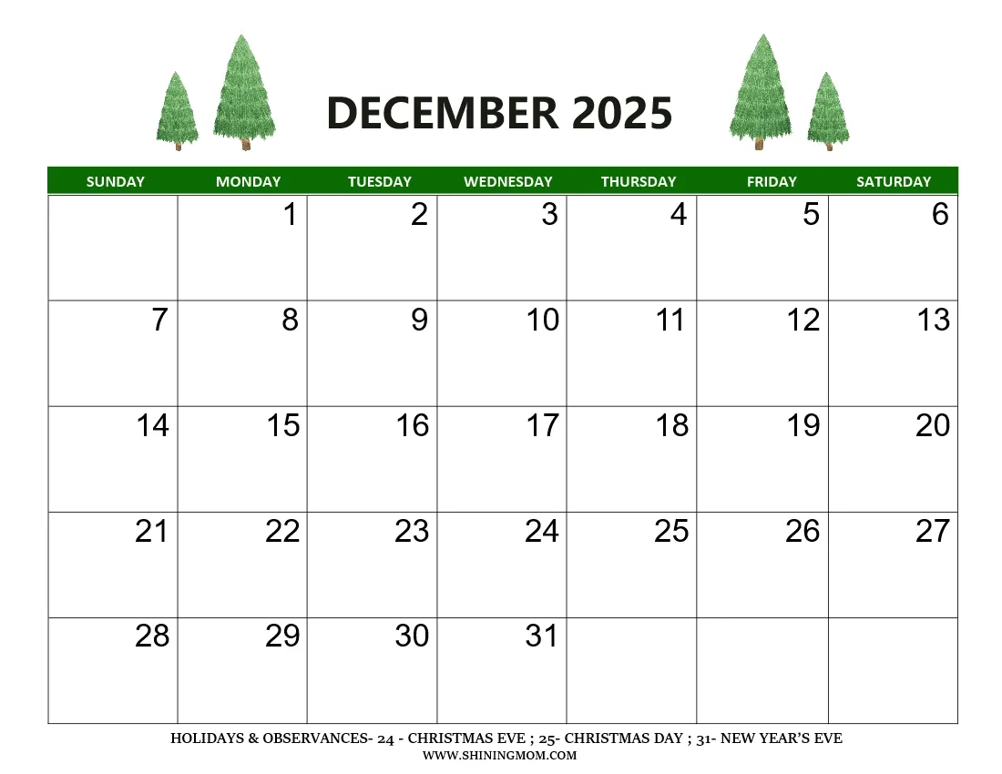 Full Sheet Printable Calendar December 2025