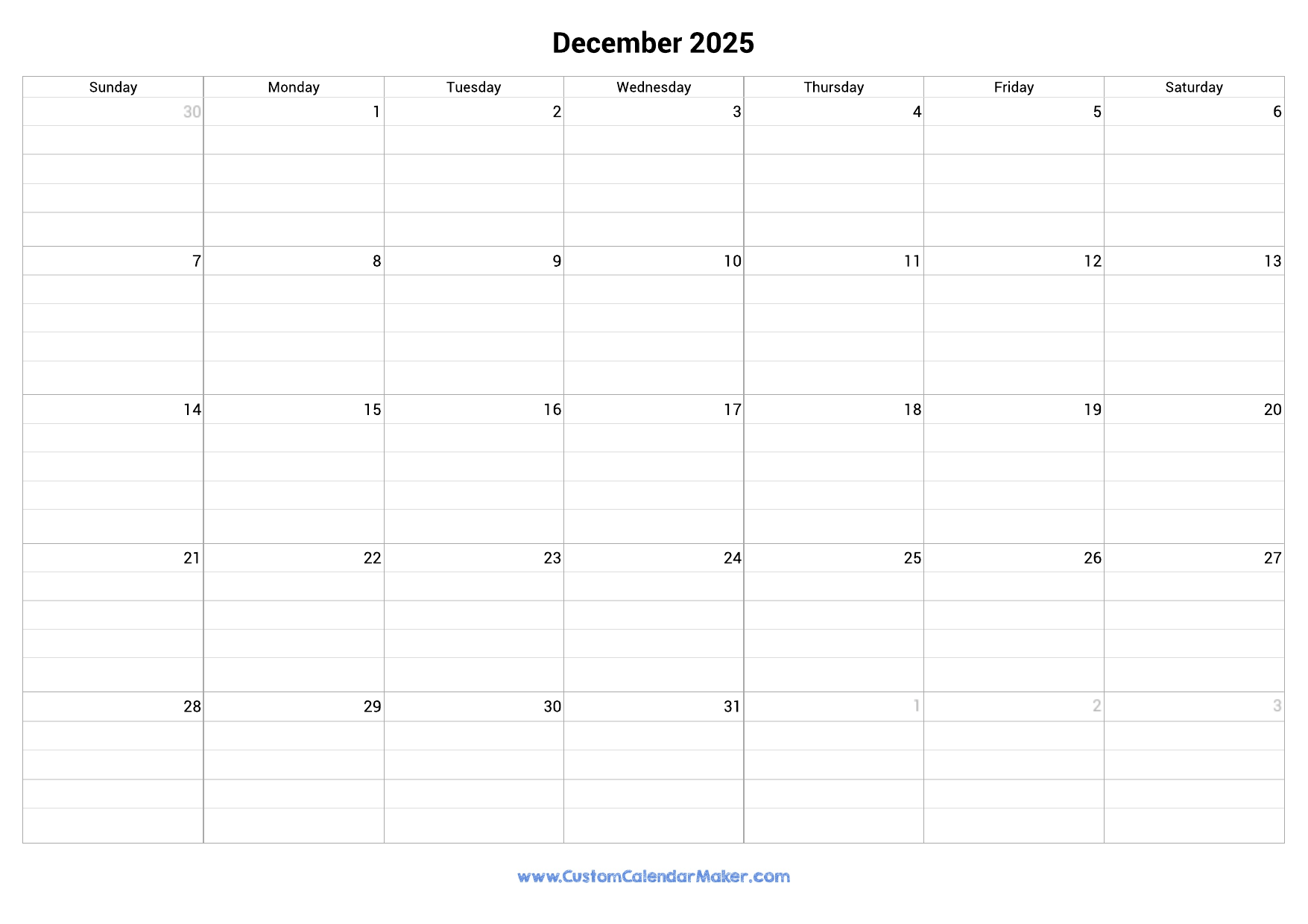 December 2025 Fillable Calendar Grid With Lines Custom Calendar 