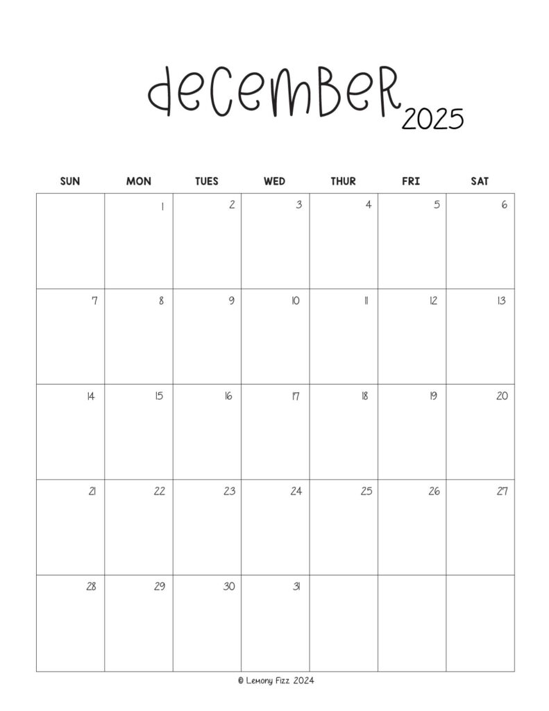 December 2025 Monthly Calendar To Print