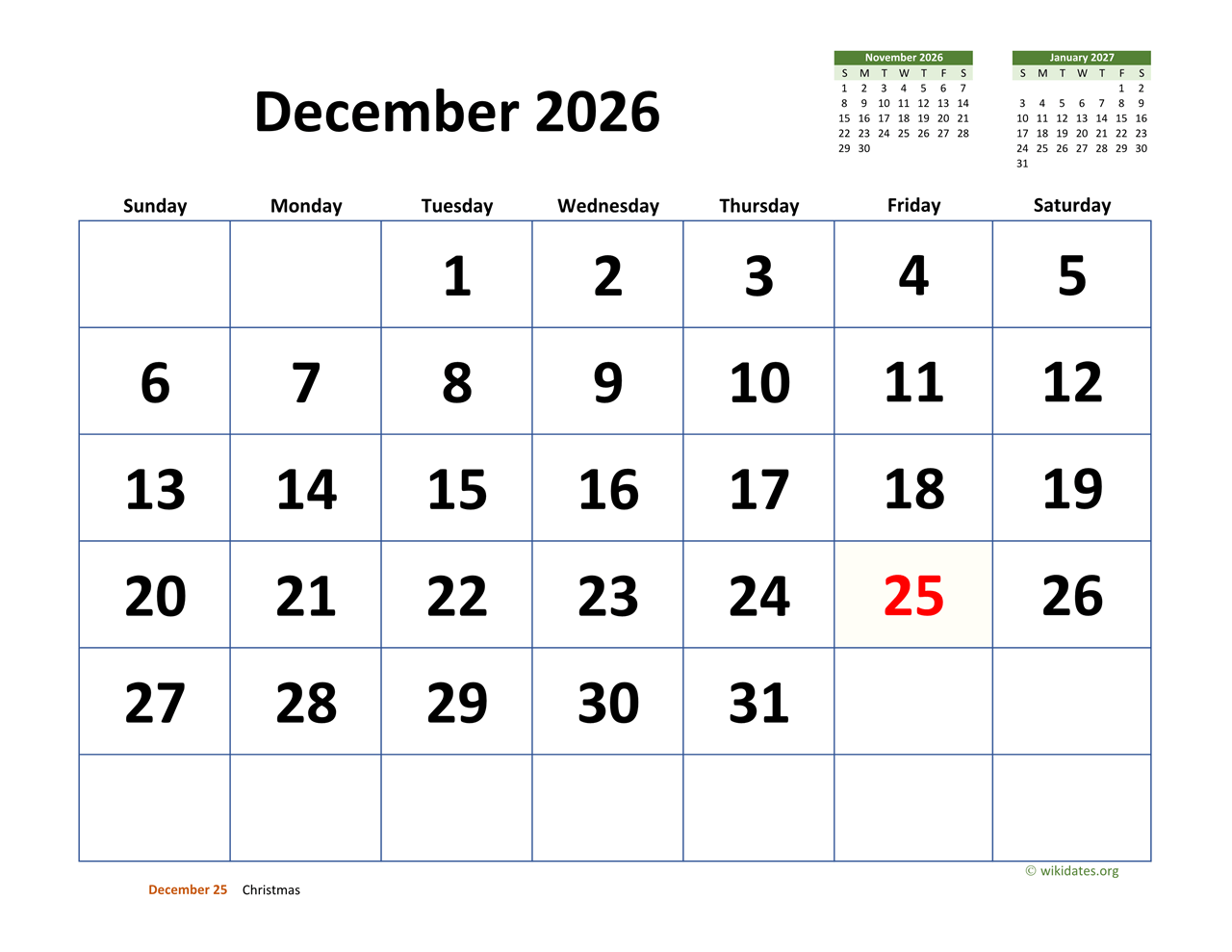 December 25 2026 Calendar Printable