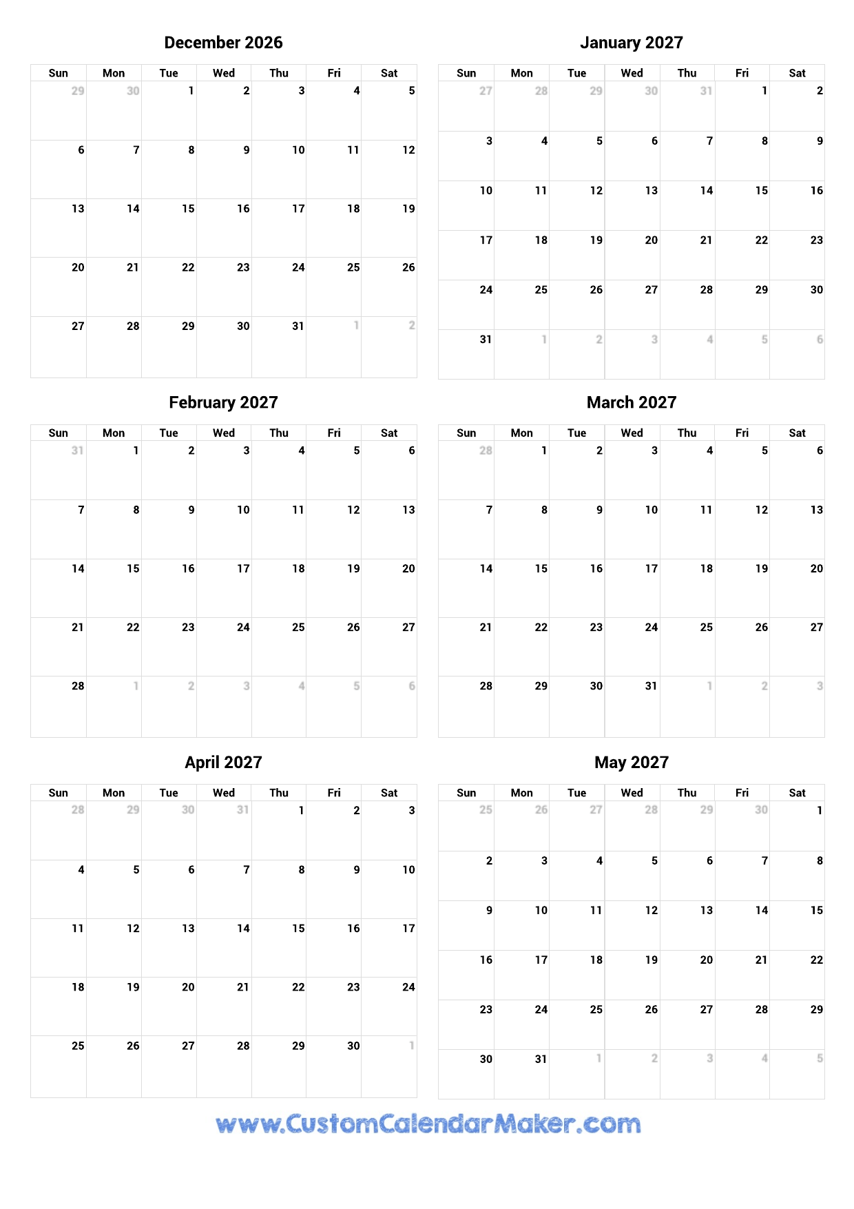 December 2026 To May 2027 Printable Calendar Custom Calendar Maker
