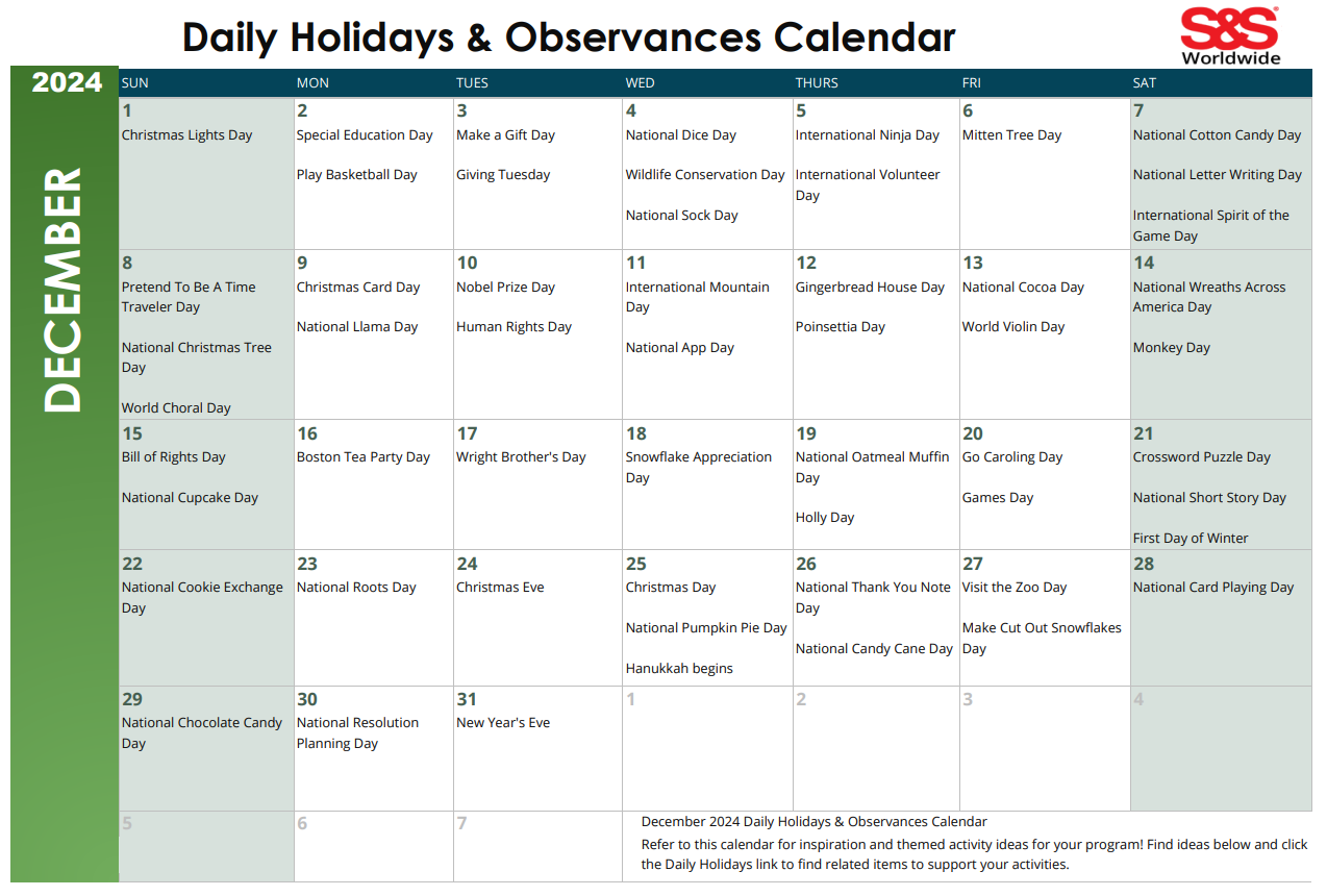 December Calendar Printable Holiday