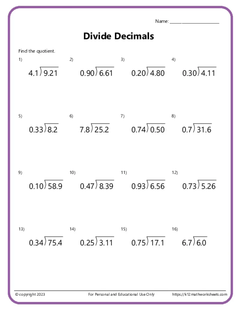 5th Grade Math Worksheets Printable Decimals