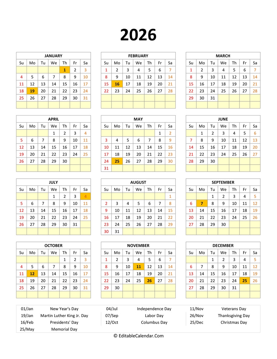 Printable 2026 Calendar With Holidays