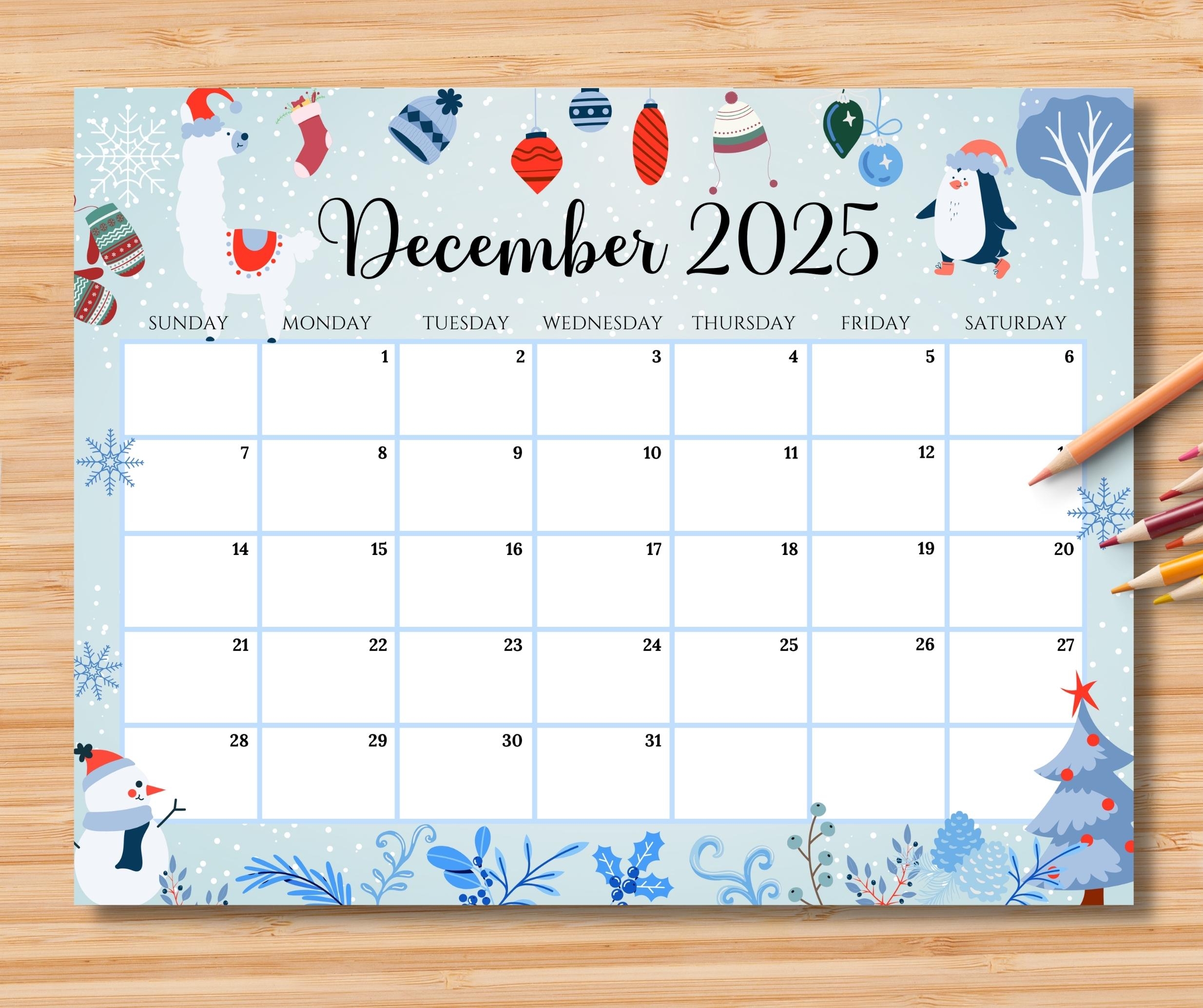 EDITABLE December 2025 Calendar Beautiful Christmas W cute 