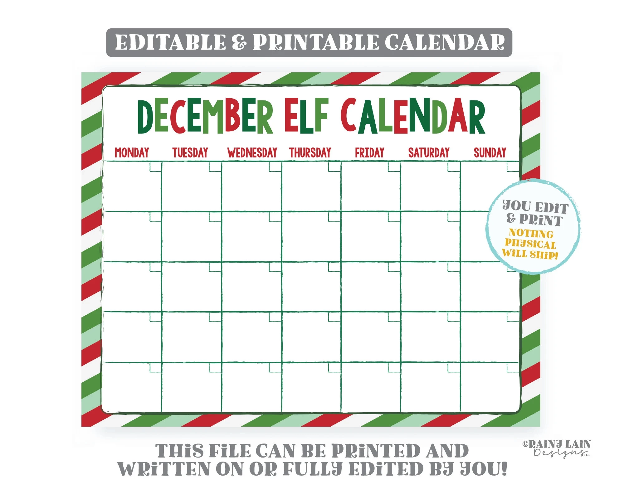 December Printable Calendar 2025 Elf