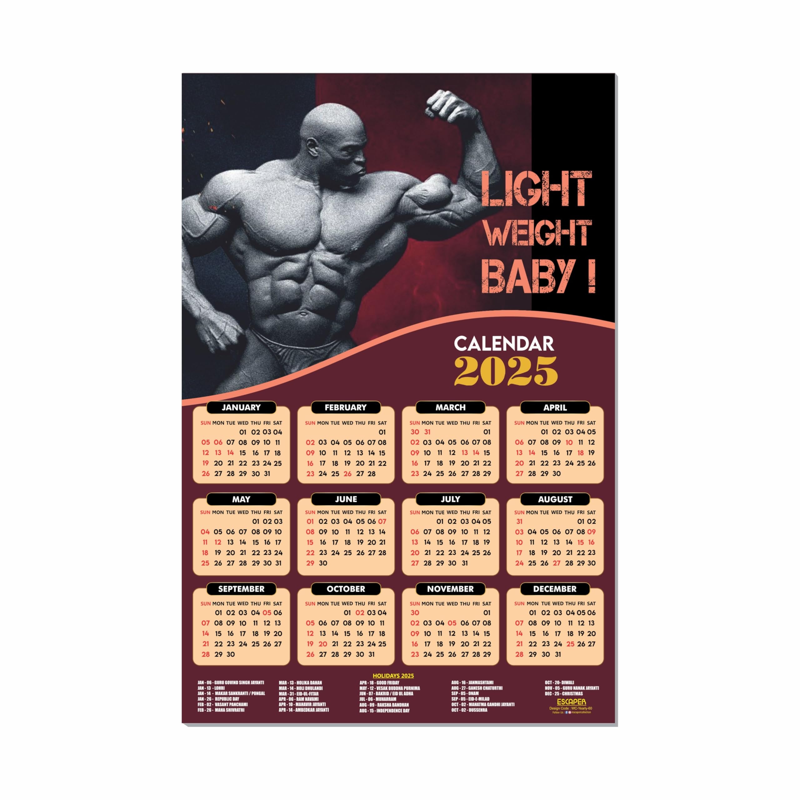 Escaper Ronnie Coleman Gym Wall Calendar 2025 Hanging 12 X 