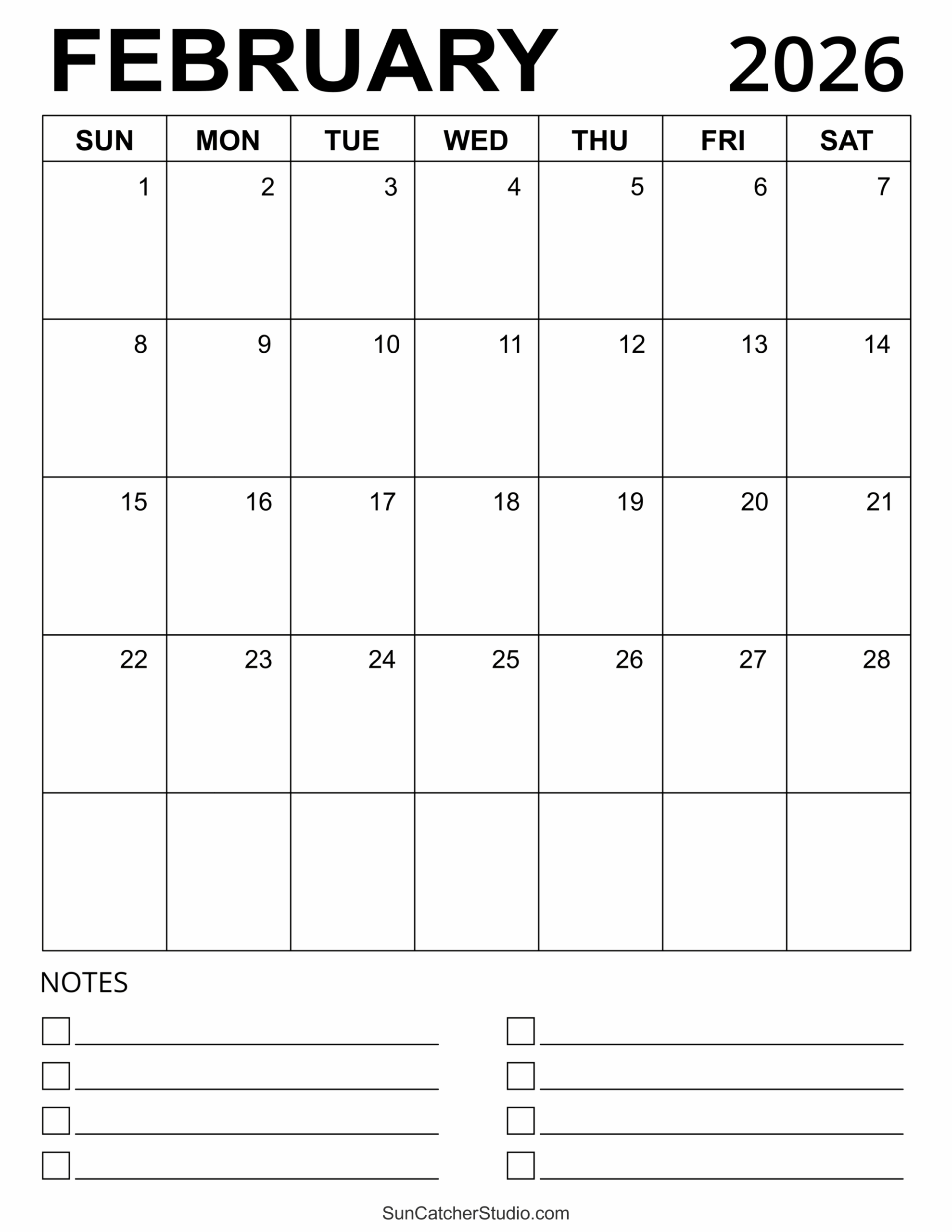 Blank February Calendar 2026 Printable