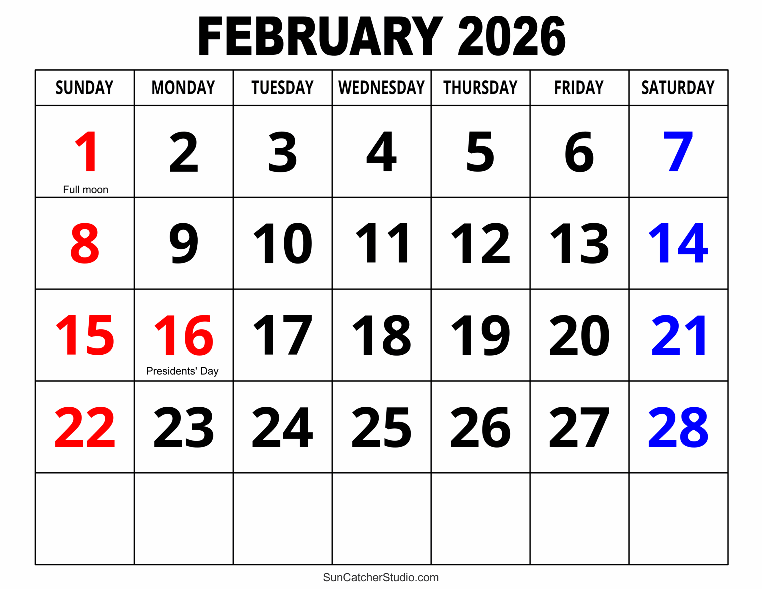Printable Feb 2026 Calendar