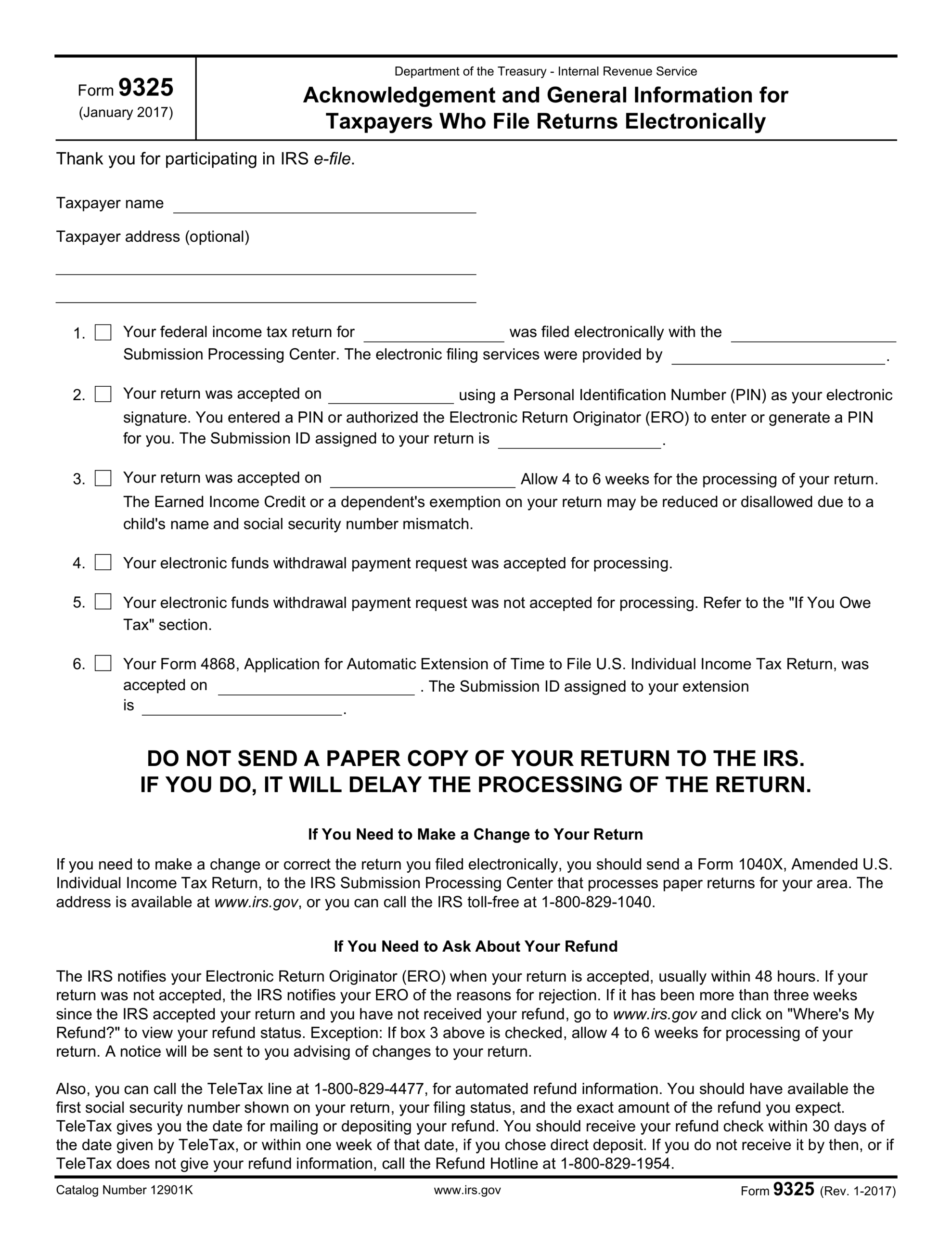 Fill IRS Form 9325 Acknowledgement For Electronic Filing 2024 2025