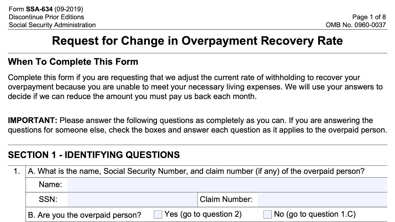 Form SSA 634 Instructions Change In Overpayment Recovery