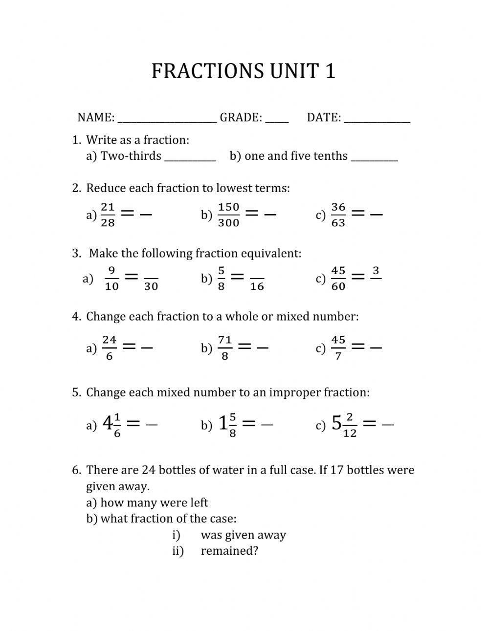 7th Grade Math Worksheets Printable Fractions
