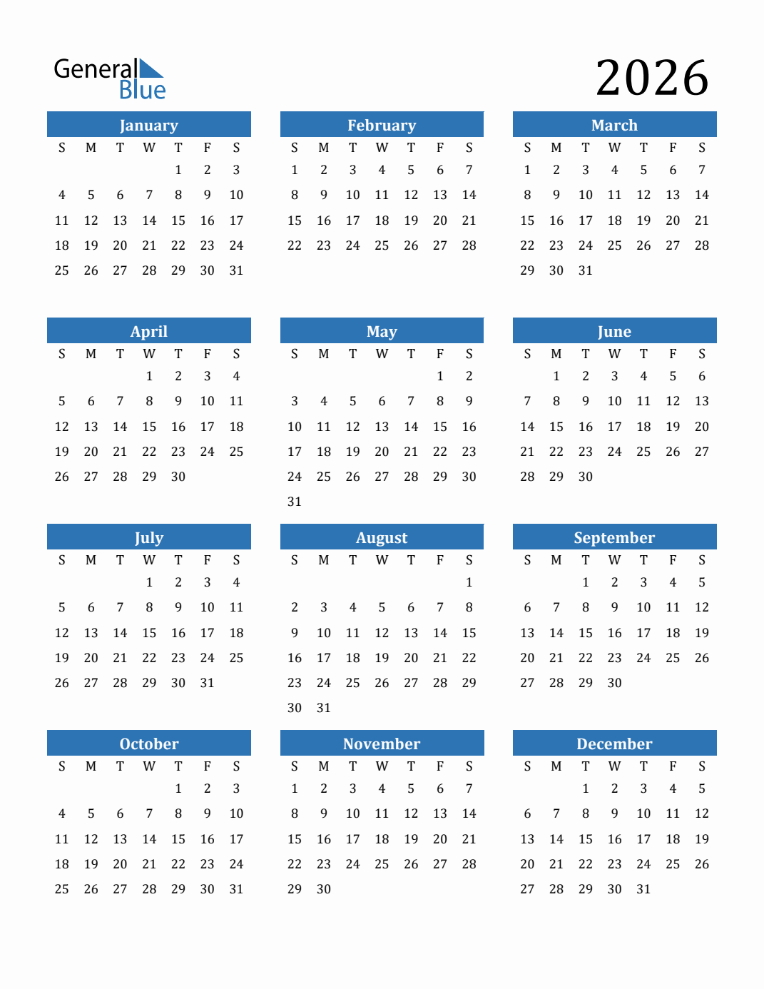 Blank Printable Word Calendar 2026