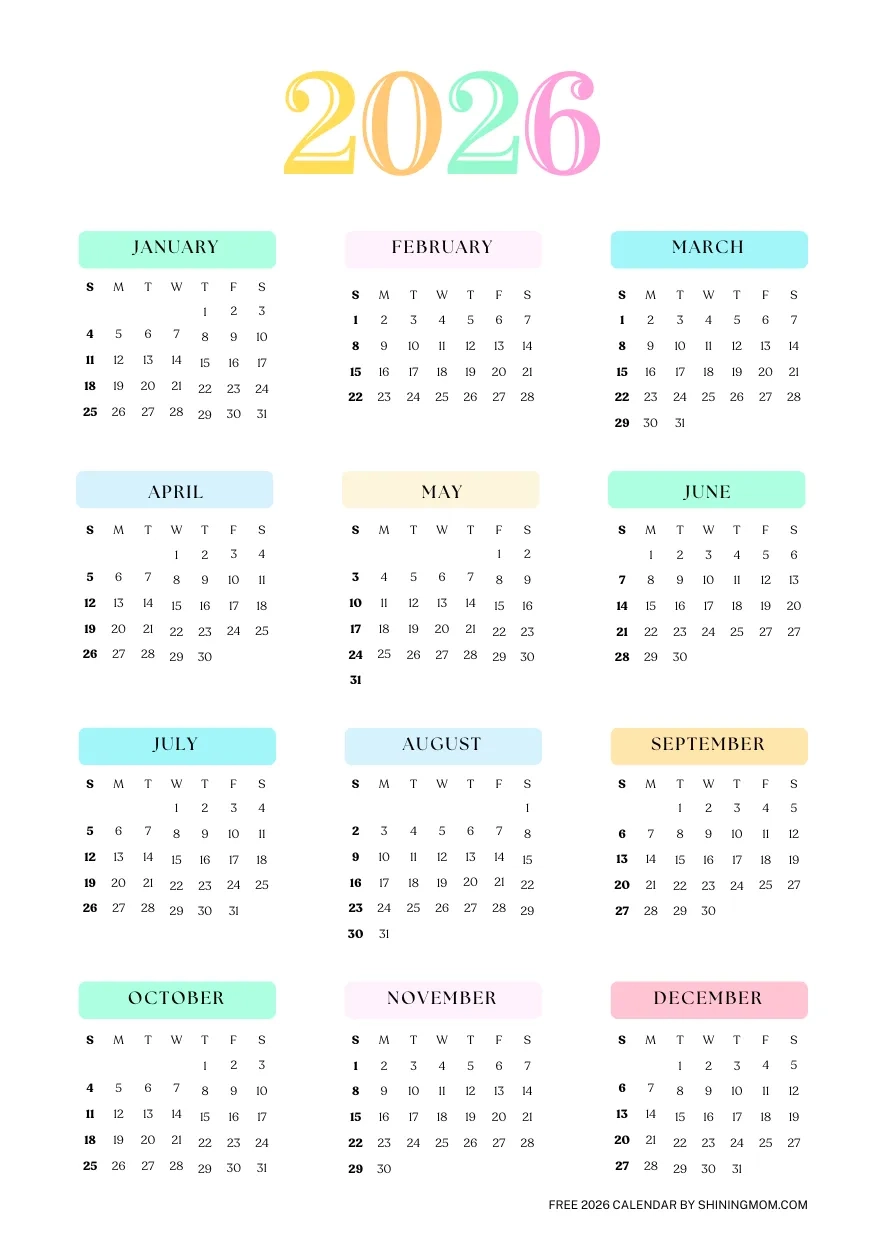 2026 Calendar 1 Page Printable Free