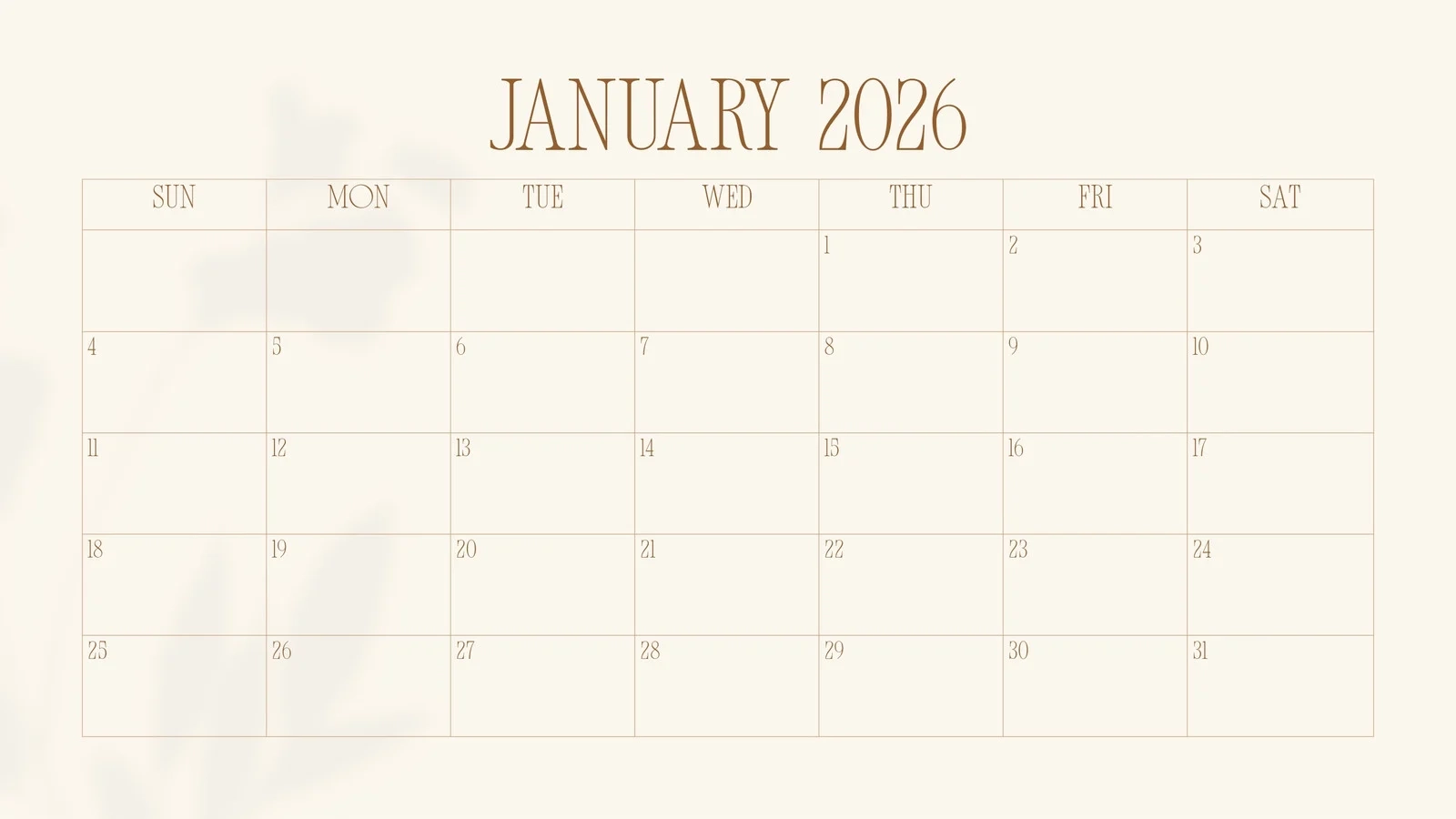 Free Blank Printable Large Box Monthly 2026 Calendar