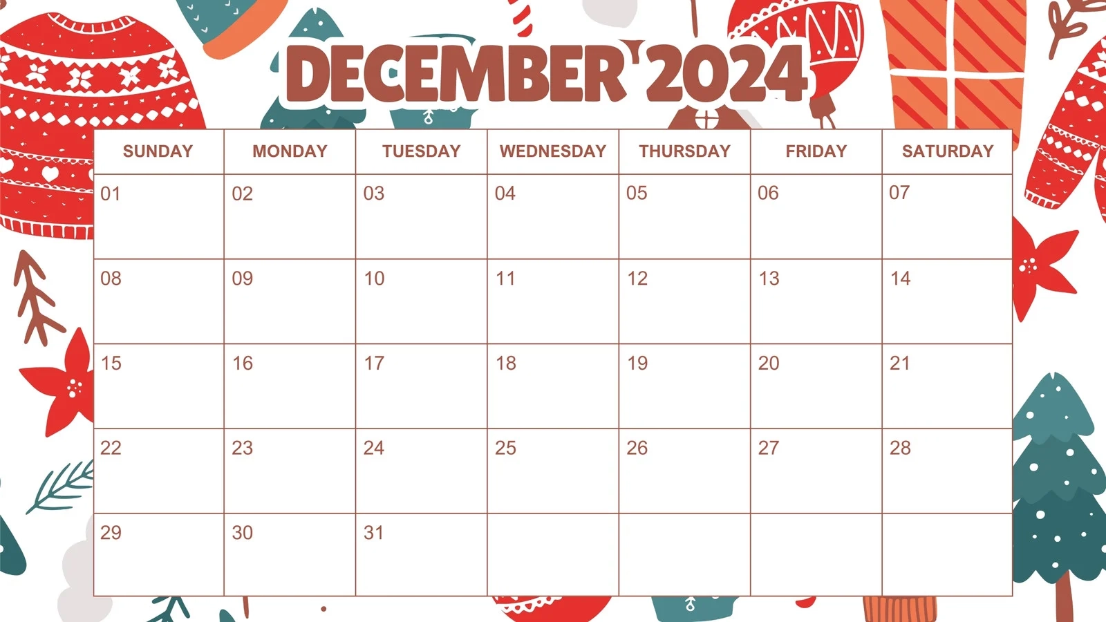 Free Printable December Christmas Calendar