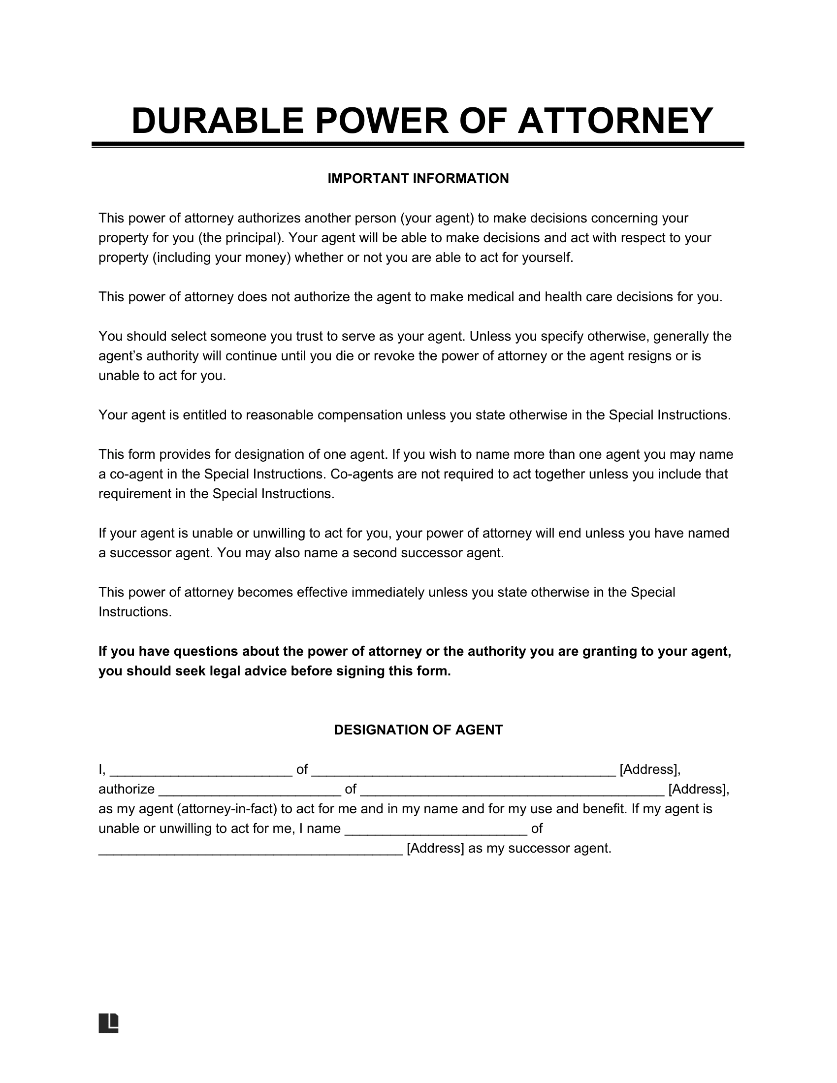 Free Durable Power Of Attorney Form PDF amp Word