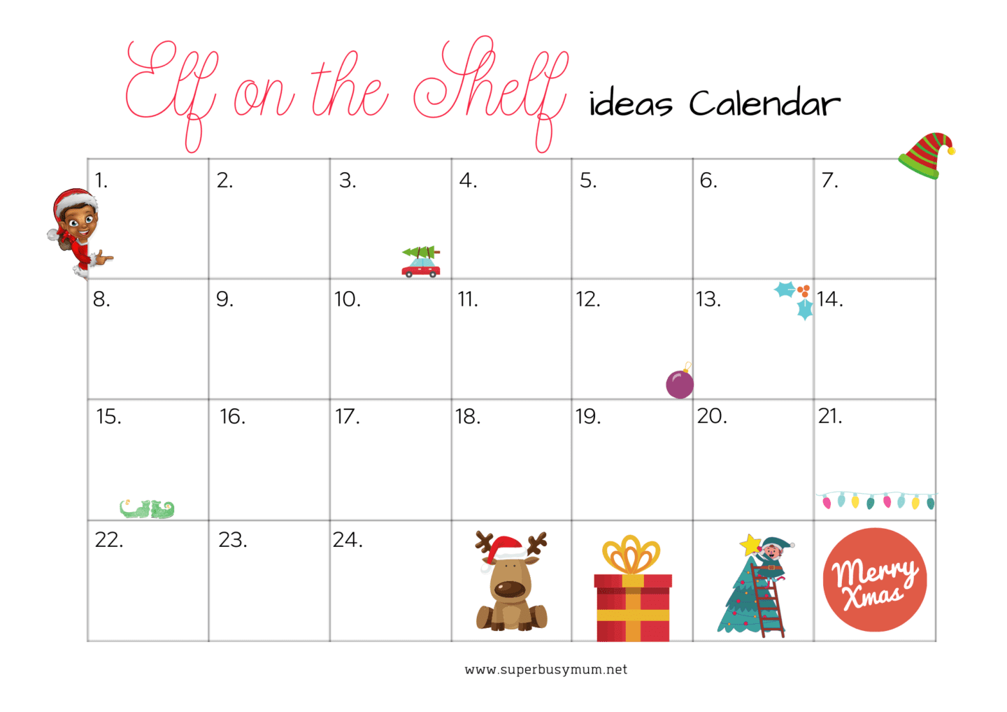 Free Elf On The Shelf Calendar Printable Super Busy Mum 