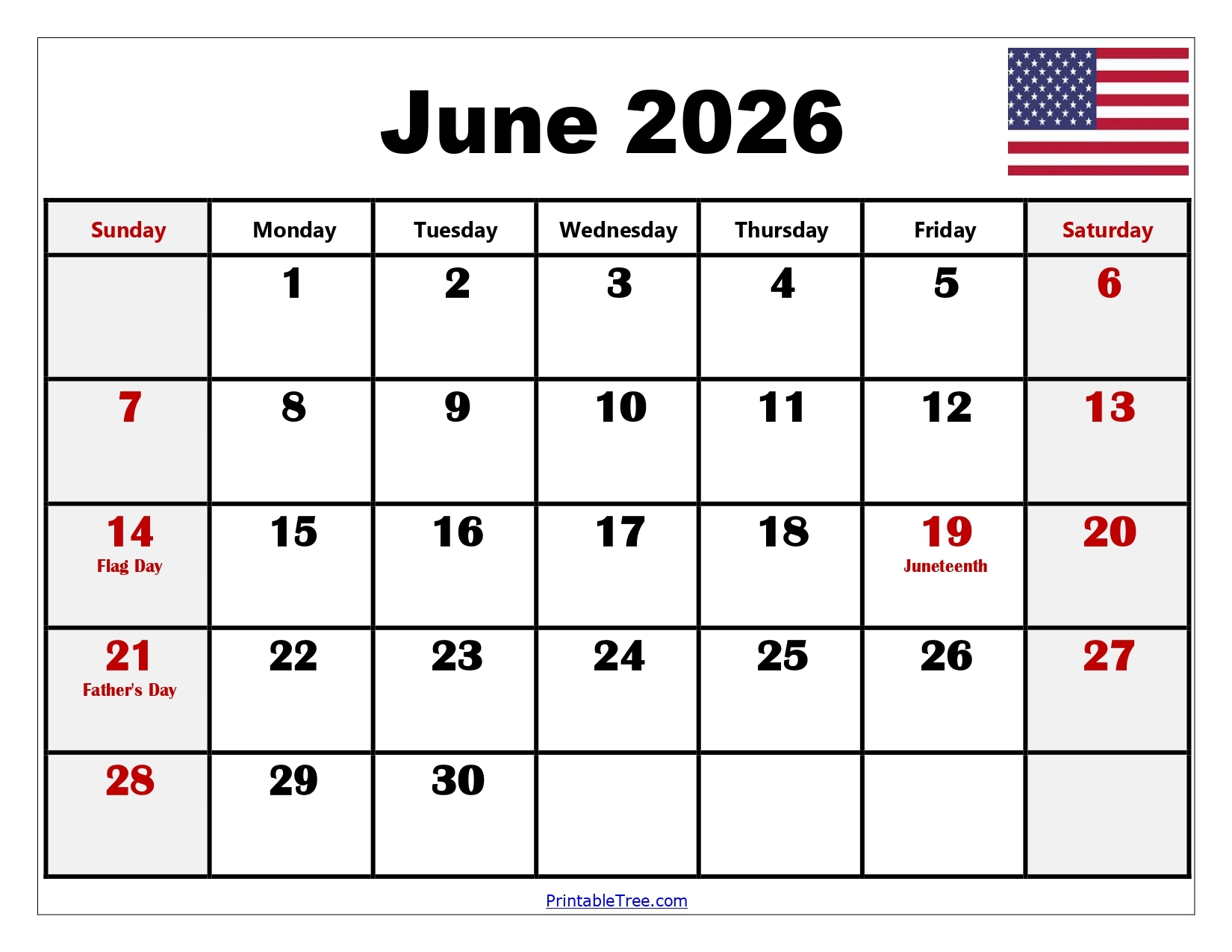 Blank Calendar 2026 June Printable