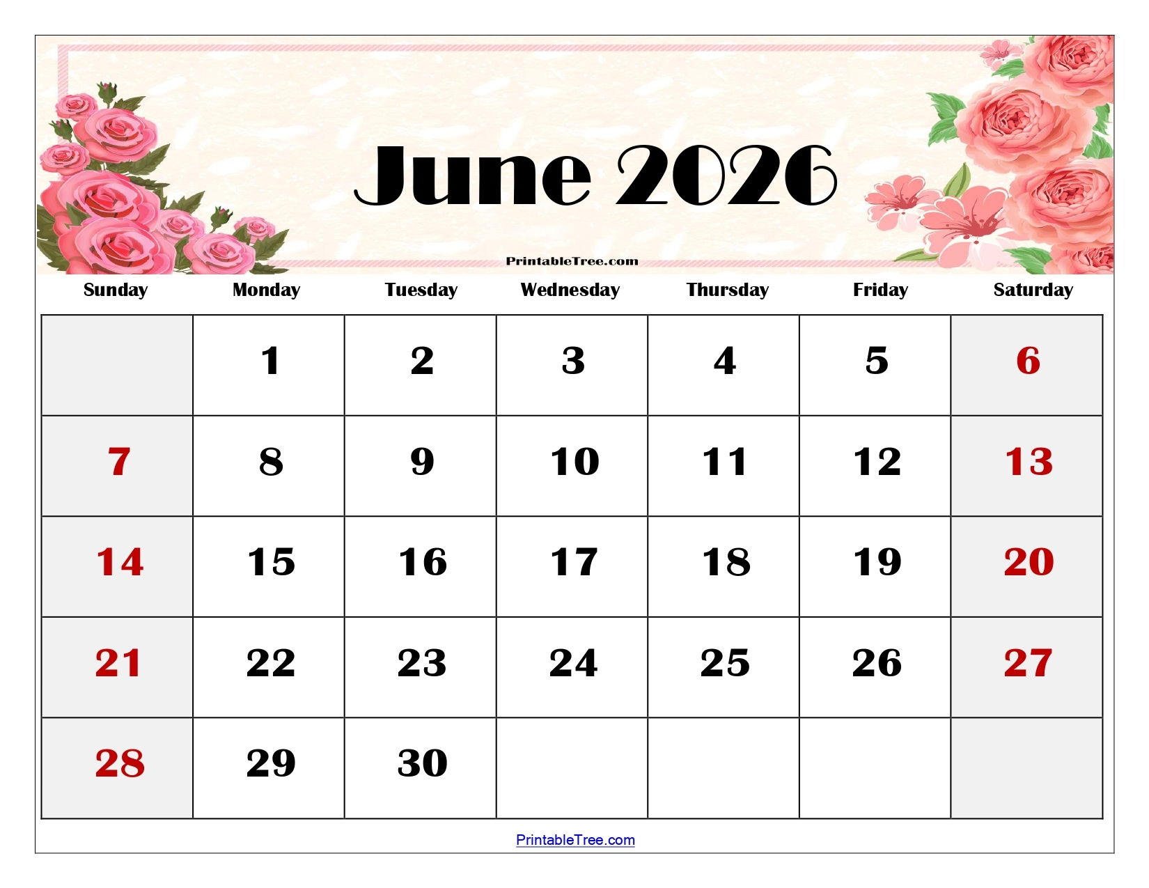 June Blank Calendar 2026 Pdf