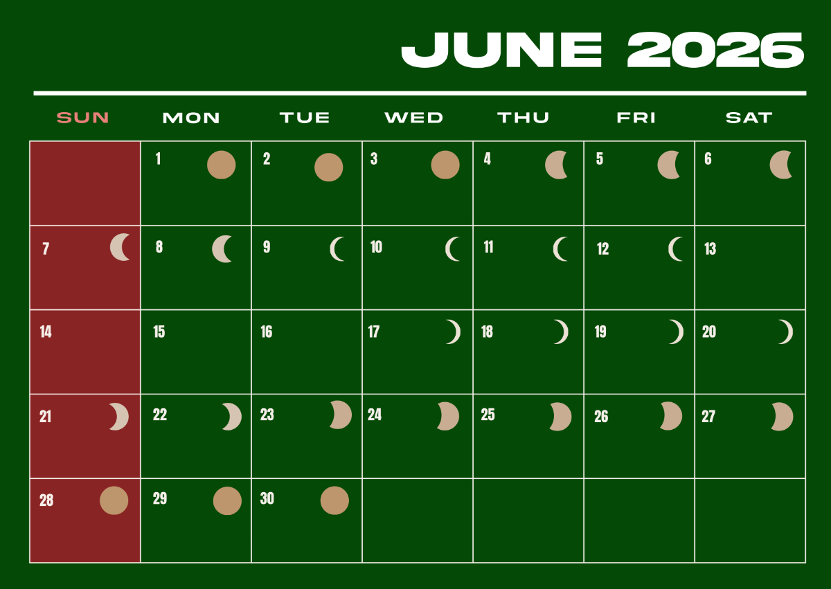 Free June 2026 Calendar With Moon Phases Template To Edit Online