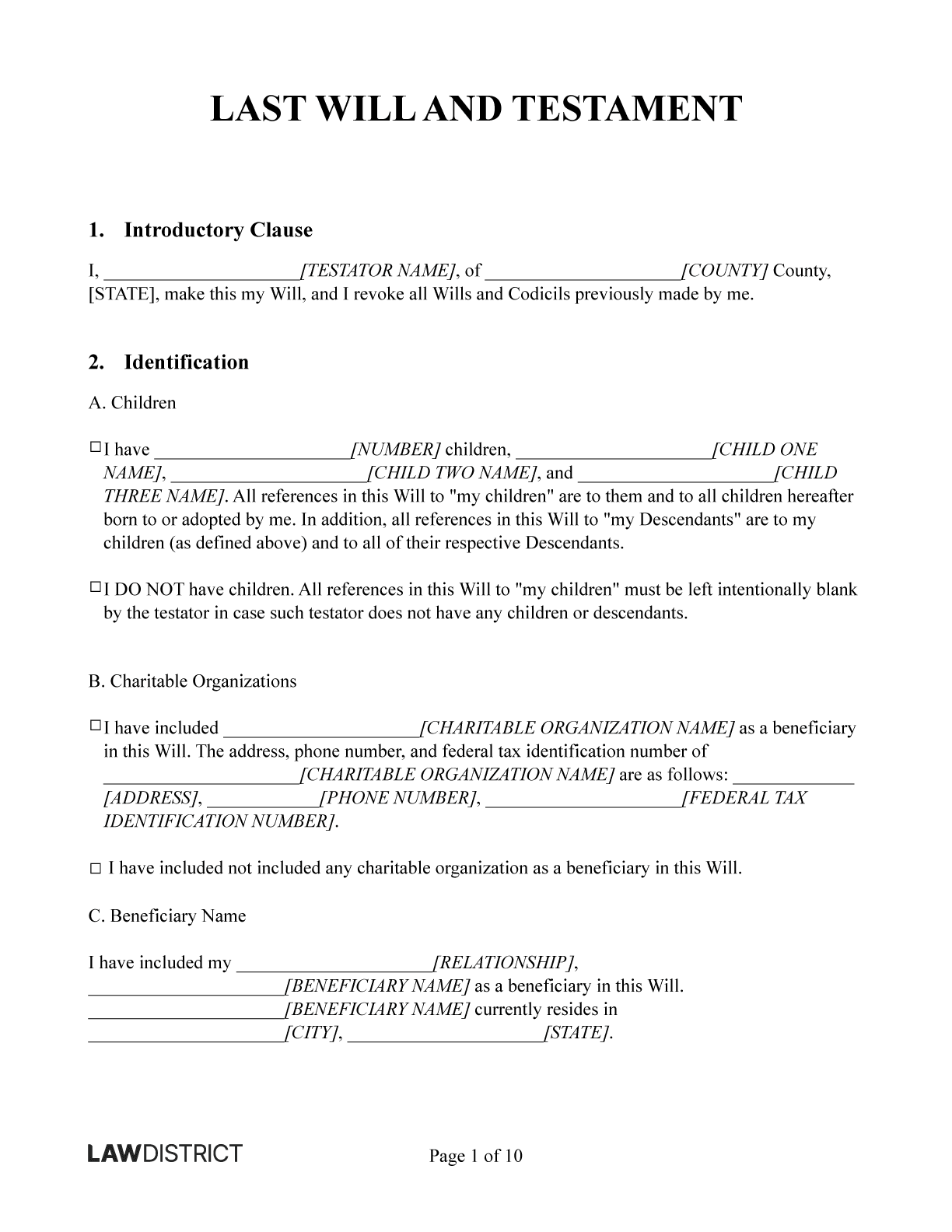 Last Will And Testament Forms Free Print Usa