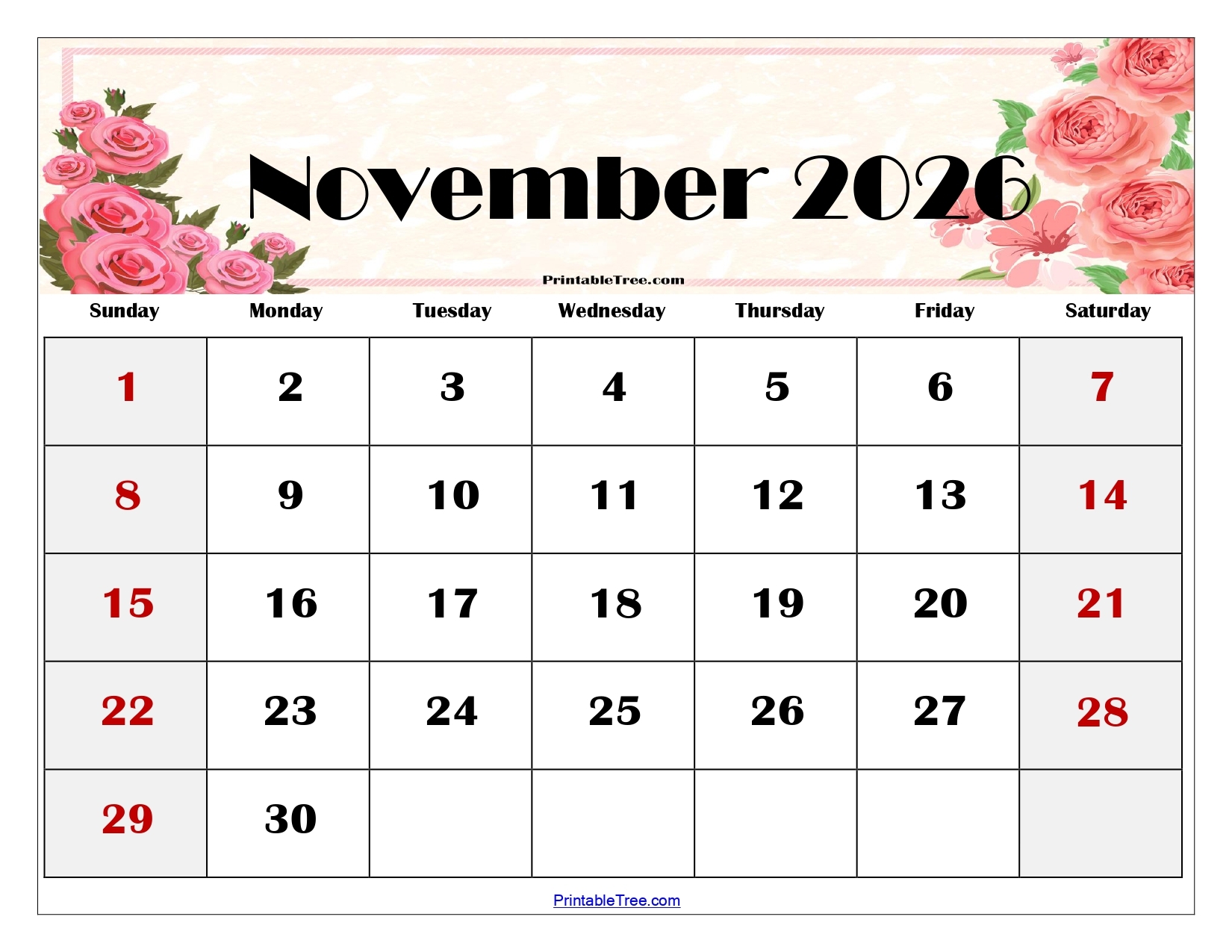Printable Calendar November 2026 Free