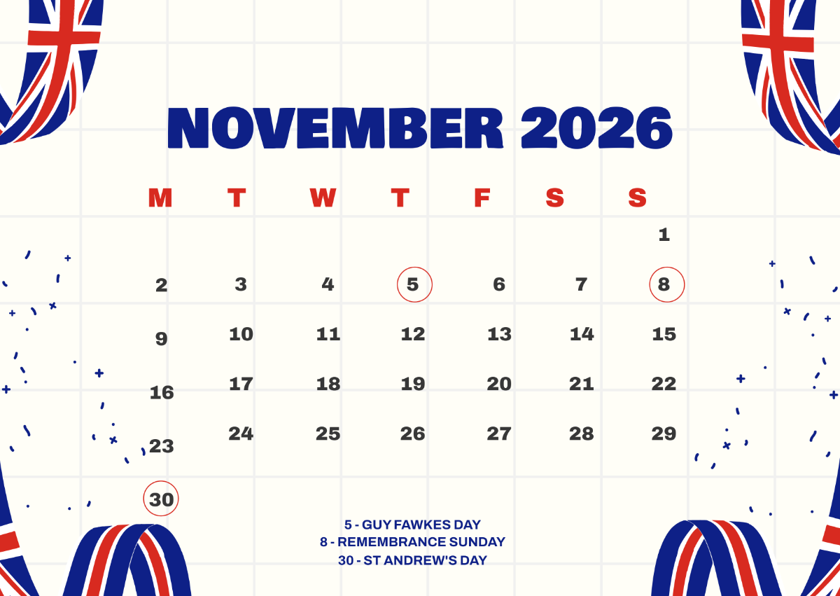 Printable Calendar November 2026 Uk