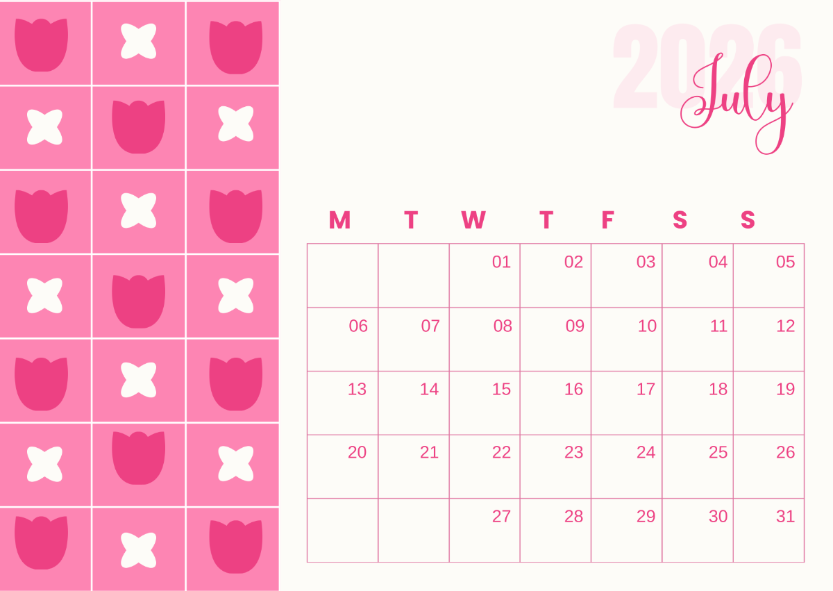 Blank Calendar July 2026 Editable
