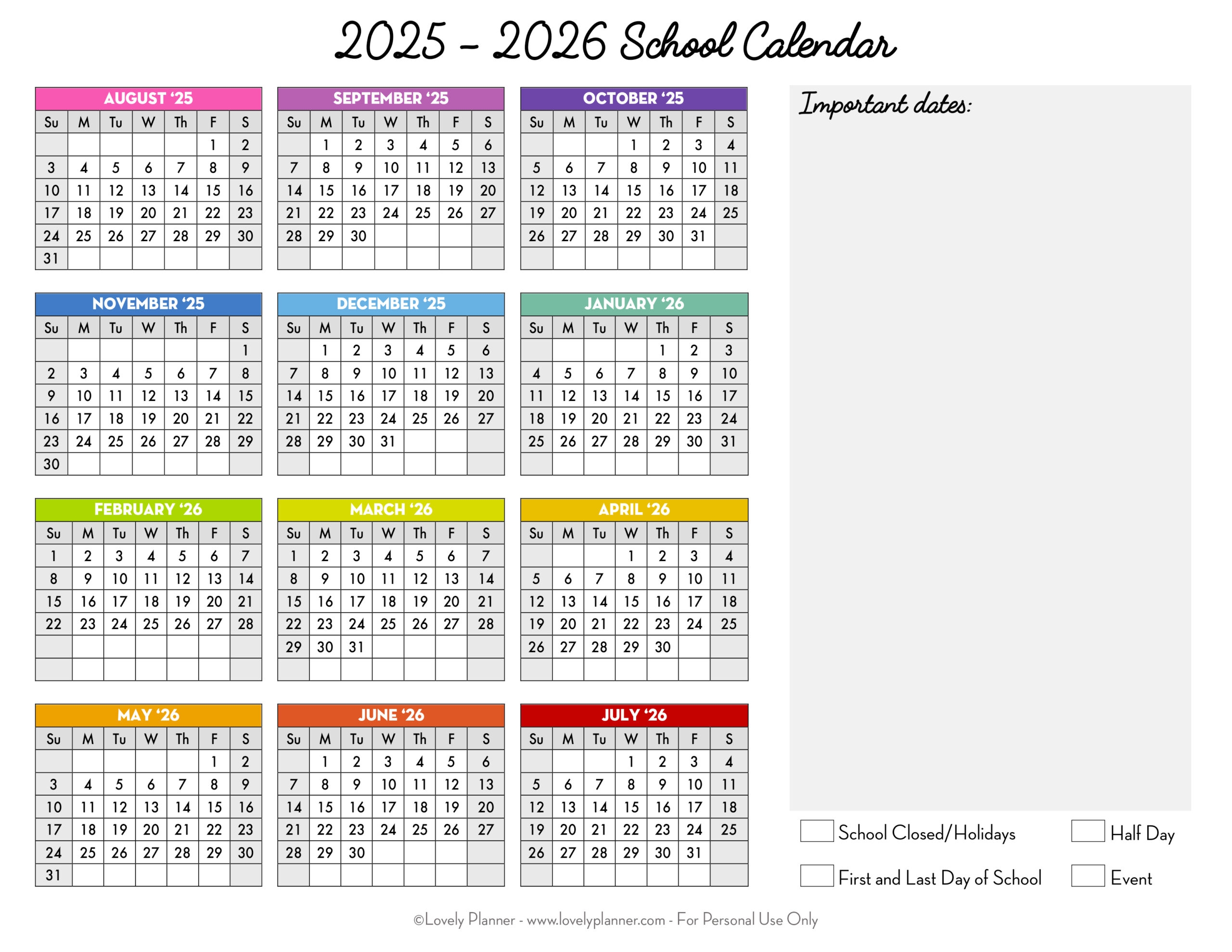 Printable 2026 And 2025 School Calendar