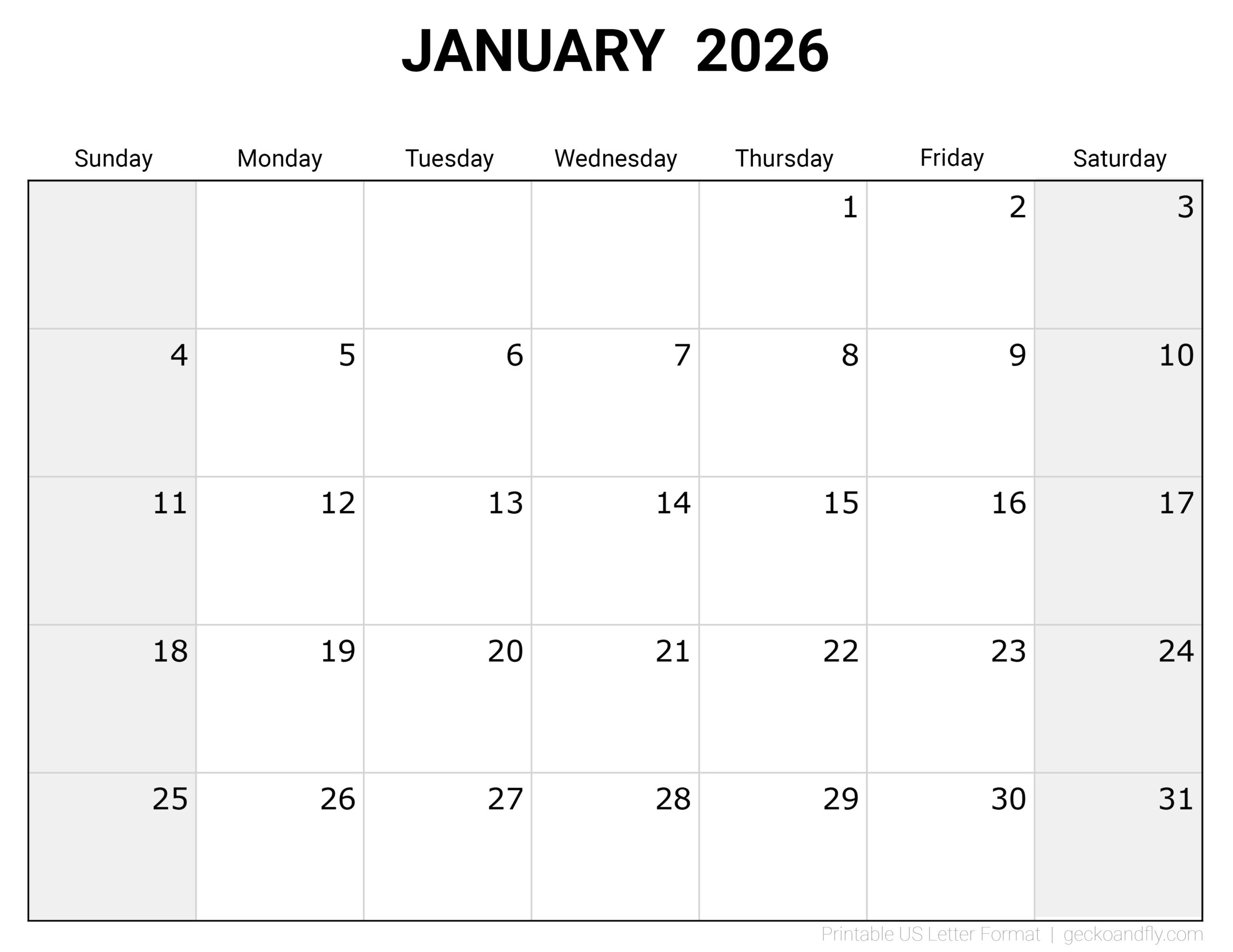 Free Printable 2026 Blank Monthly Calendar